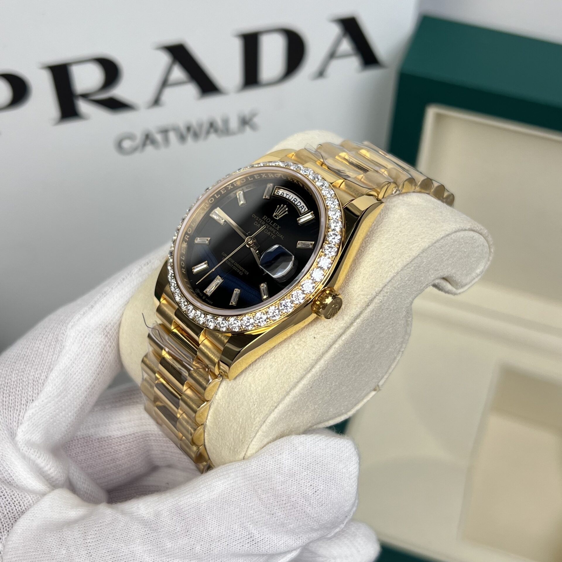 Rolex Day-Date Replica Watch 18K Gold Wrapped Black Dial With Diamond Bezel GM V2 40mm - Elite Watch Atelier