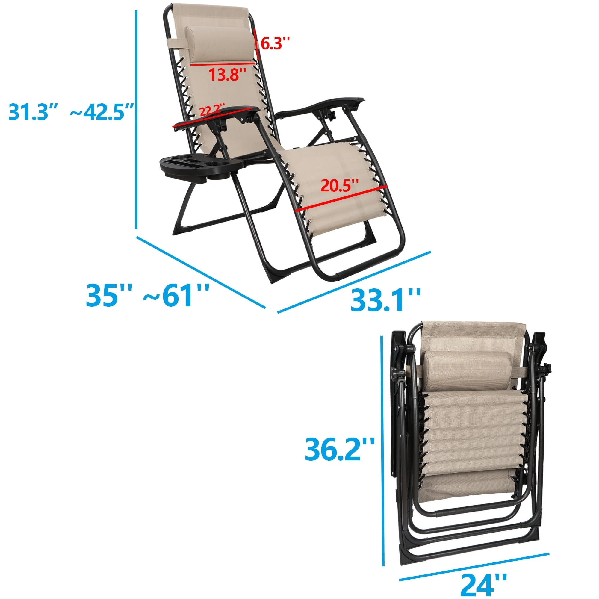 HomGarden 2 Pack Steel Zero-Gravity Chair - Beige - Image 10