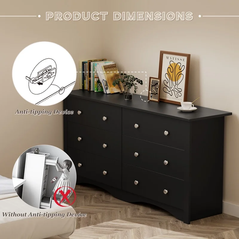 Lumihaven Rustic Modern Chest of 6 Drawers,Extra Wide Double Dresser for Master Bedroom or Nursery Storage,Black - Image 6