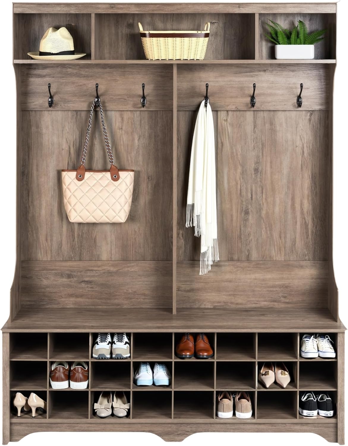 Prepac Gray Hall Tree, Shoe Cabinet, Storage Cabinet with 24 Shoe Cubbies and 6 Double Coat Hooks 15.5