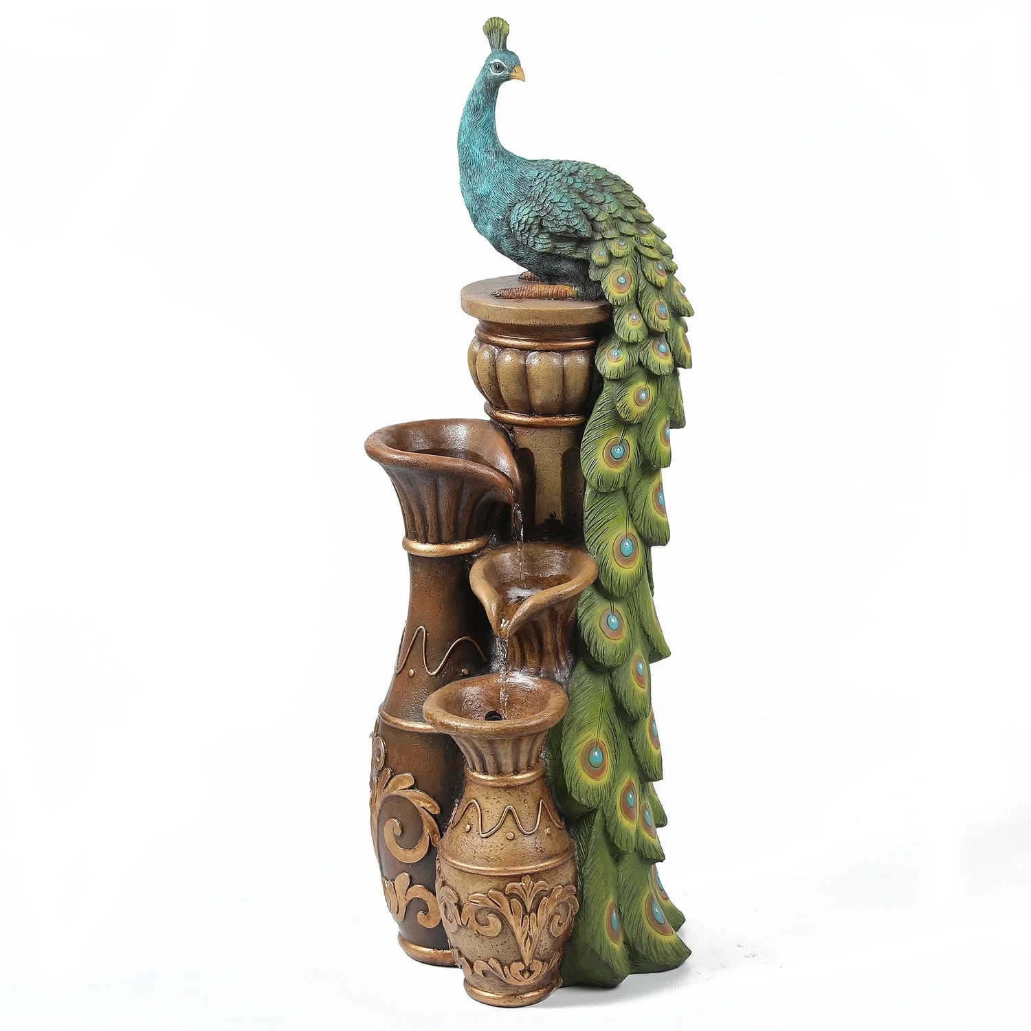 LuxenHome 44" Resin Outdoor Water Fountain, Peacock Garden Water Fountain Outdoor with LED Lights - Image 6