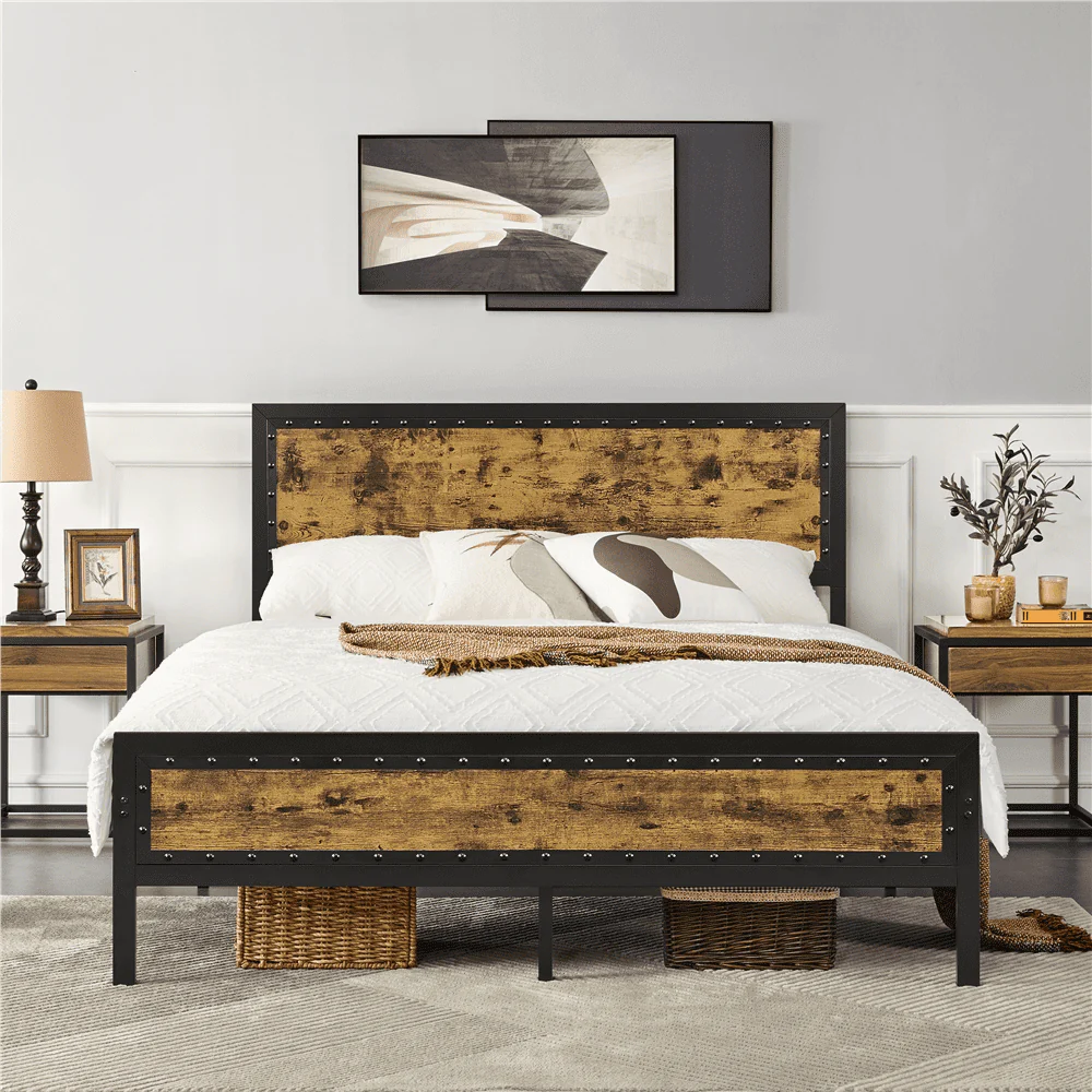 Yaheetech Metal Platform Bed with with Storage, Queen Size, Rustic Brown