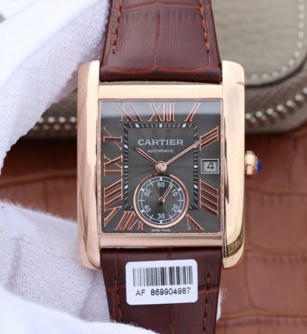 Replica Cartier Tank MC RG Gray Textured Dial Brown leather strap - Top club