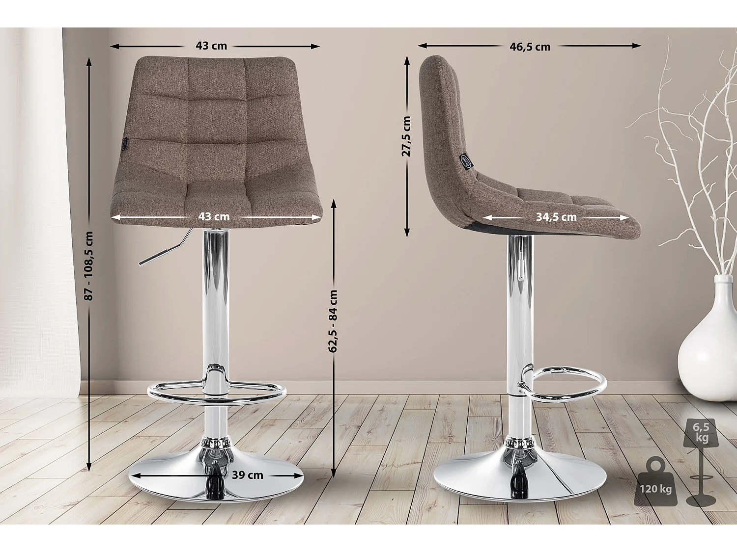 Lot de 2  Tabouret de bar - Tissu & Métal - Taupe - Jerry