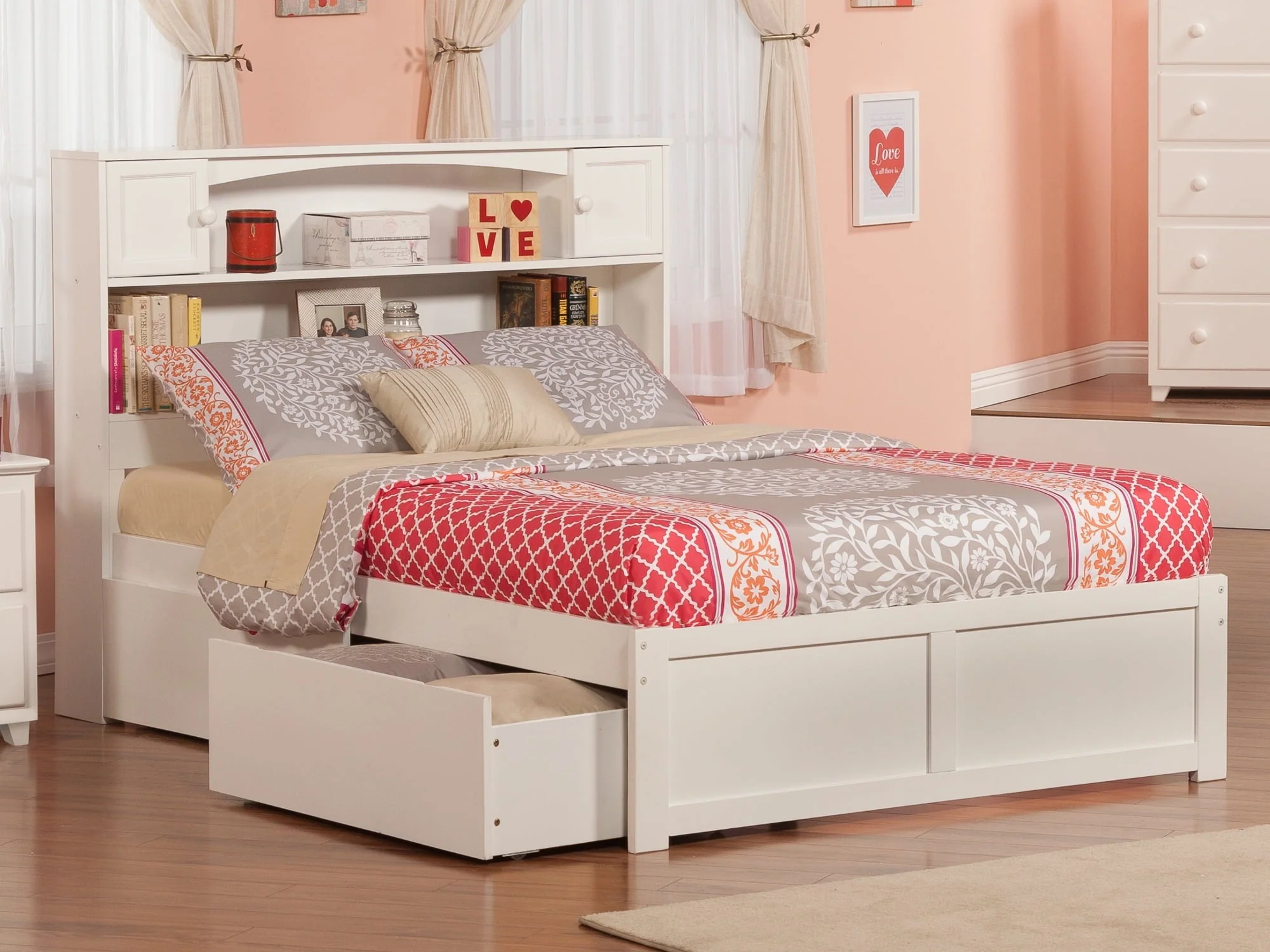 AFI Newport Full Solid Wood Platform Bed with Footboard & 2 Storage Drawers in White