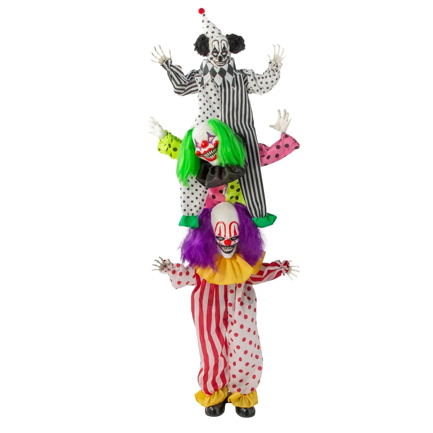 5 Ft 10 3/4" Animated Standing Light-Up LED Stacked Clown Trio Halloween Decoration - Image 2 5 Ft 10 3/4" Animated Standing Light-Up LED Stacked Clown Trio Halloween Decoration - Image 2