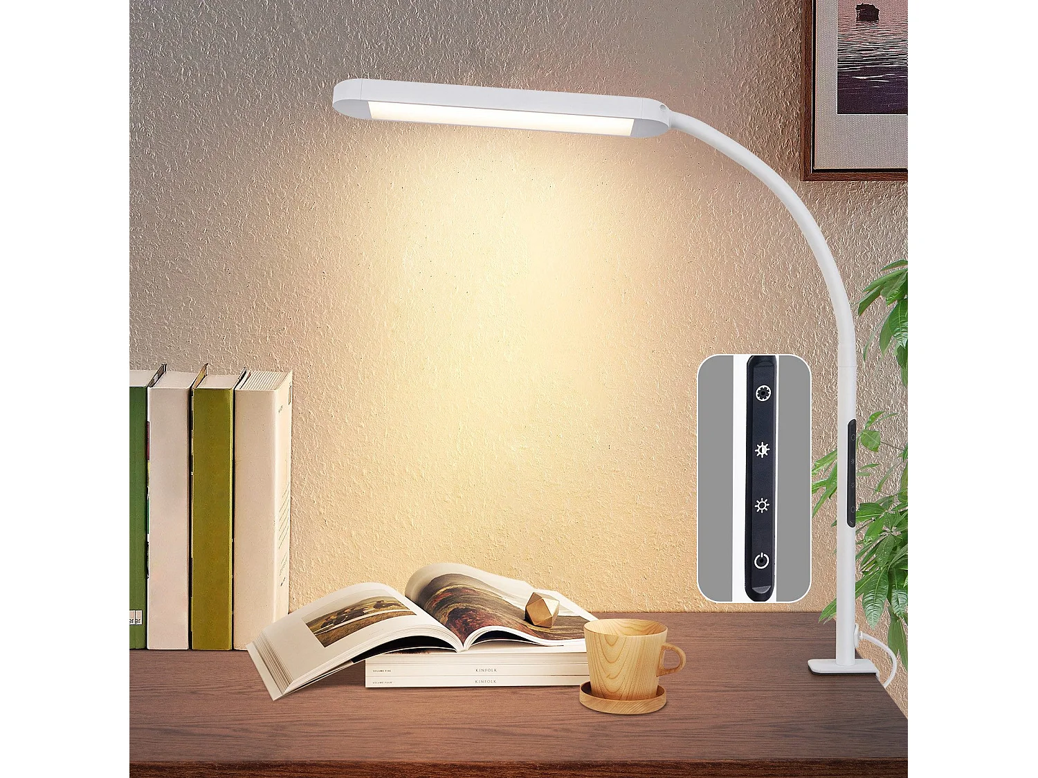 NETTLIFE Lampe de bureau LED à intensité variable avec prise blanche 5 niveaux de luminosité 11W flexible avec fonction minuterie de veilleuse