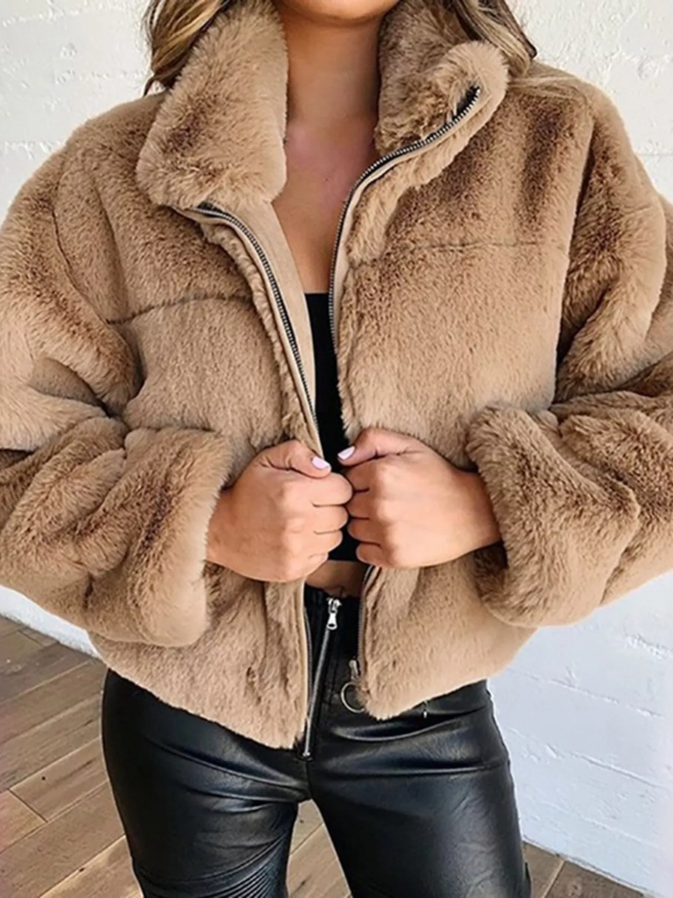 Full Size Faux Fur Cropped Zip-Up Jacket Plus Size - ZKZOOK