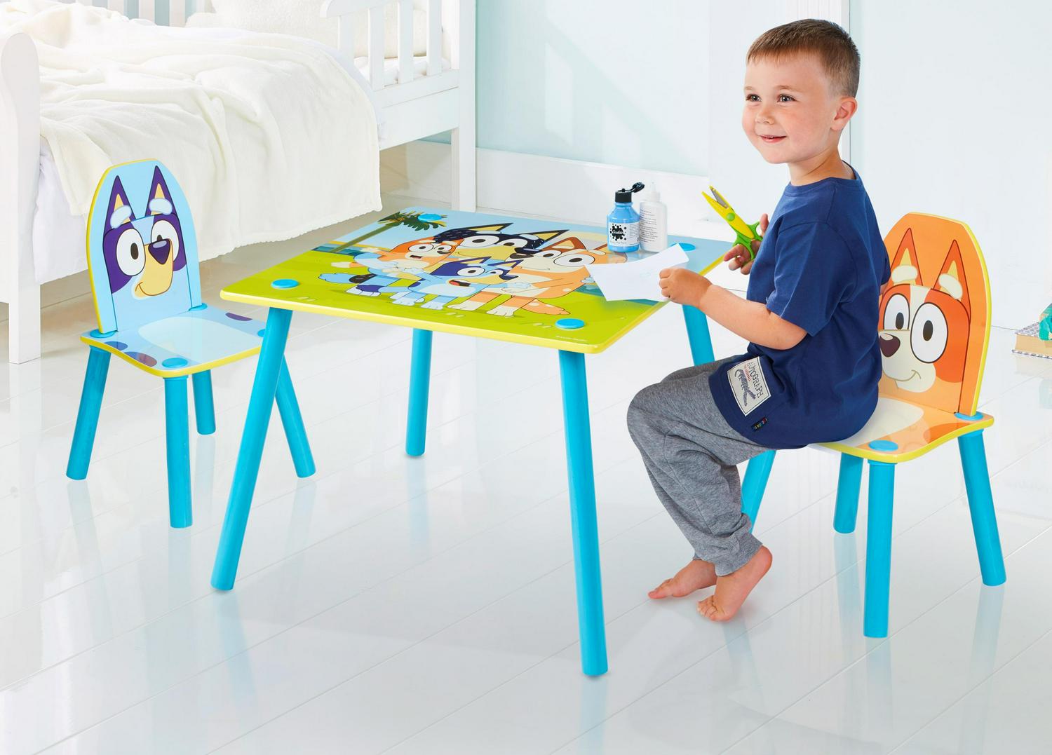 Bluey. Wooden Kids Table and 2 Chairs Set. 23.2 x 23.2 x 17.1 inches Bluey and Bingo Chairs. Preschool. 18 m+