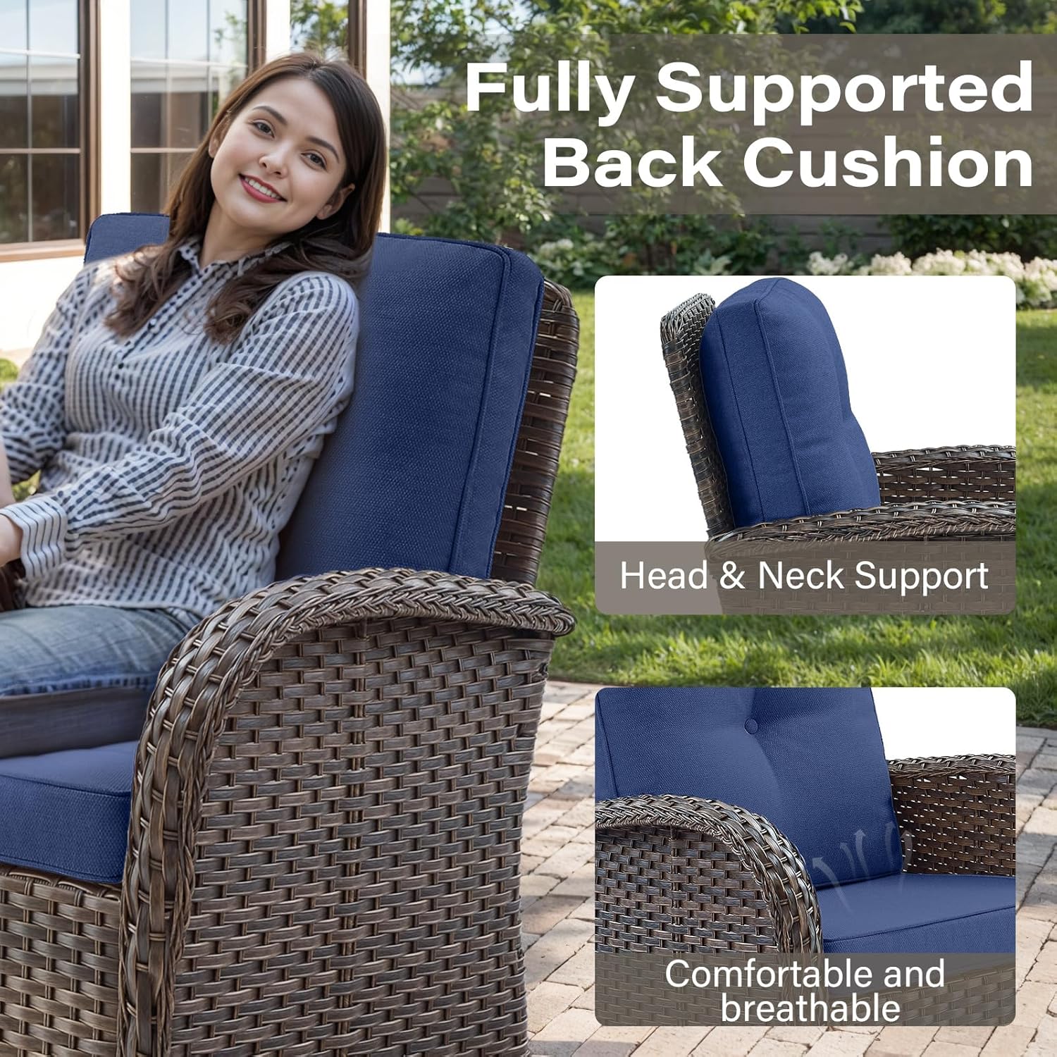 Belord 3-Piece Patio Swivel Rocking Chair Set With Side Table - Brown/Blue - Image 4 Belord 3-Piece Patio Swivel Rocking Chair Set With Side Table - Brown/Blue - Image 4