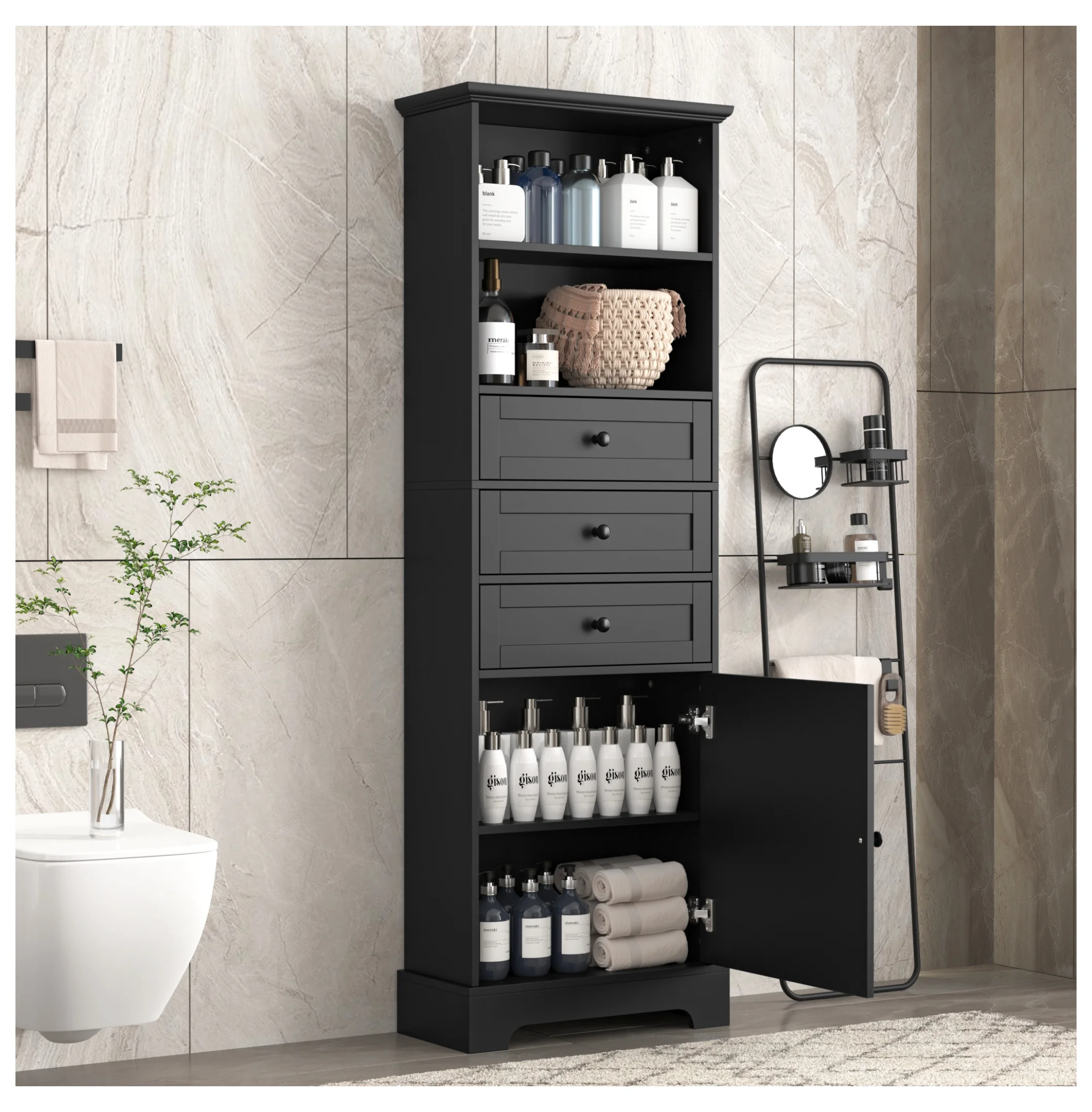 Black Tall Storage Cabinet with 3 Drawers and Adjustable Shelves for Bathroom, Study, Office and Interior, MDF Board with Painted Finish Black + MDF