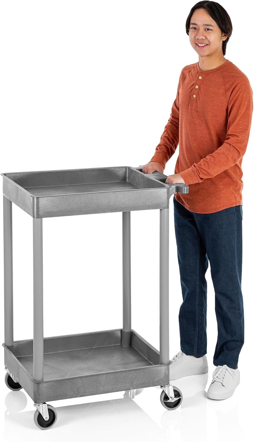 Stand Steady Tubstr Compact 2 Shelf Utility Cart | Made in USA | Space-Saving Tub Cart Holds Up to 300 lbs | Storage & Rolling Tool Cart for School, Office, Garage & Warehouse (24 x 18in / Gray)