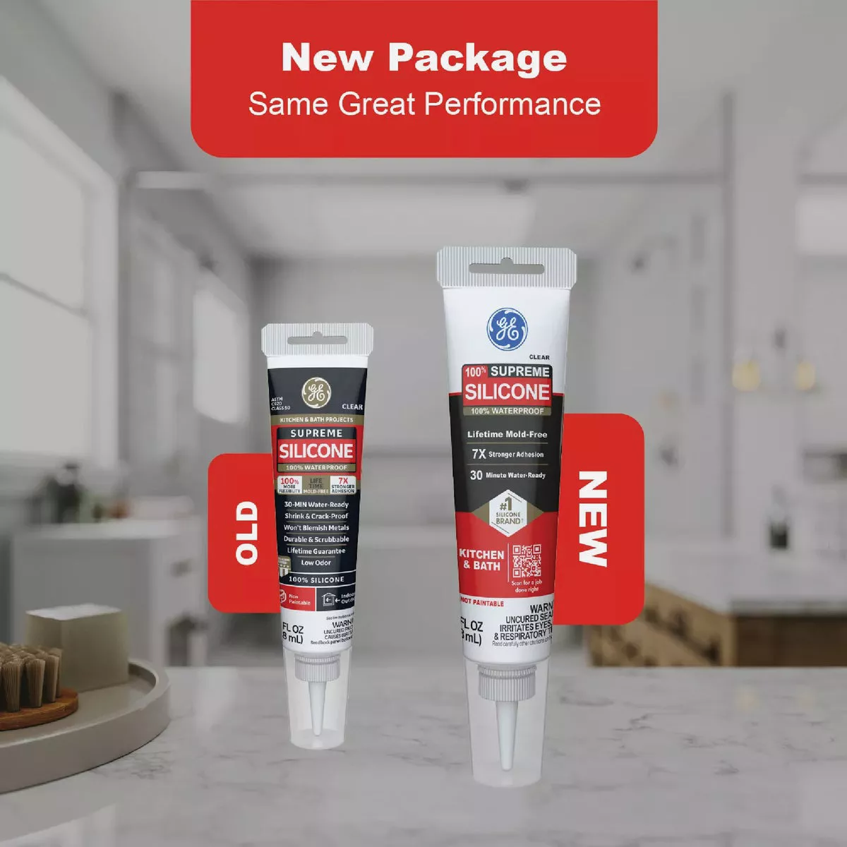 GE Supreme Silicone Kitchen & Bath Sealant, White, 2.8 Oz. Tube