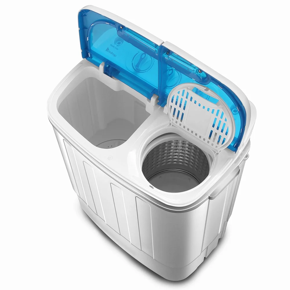Semi-automatic Twin Tub Washing Machine with Built-in Drain Pump, 13Lbs Capacity, US Standard, White & Blue, Compact Design for Small Spaces