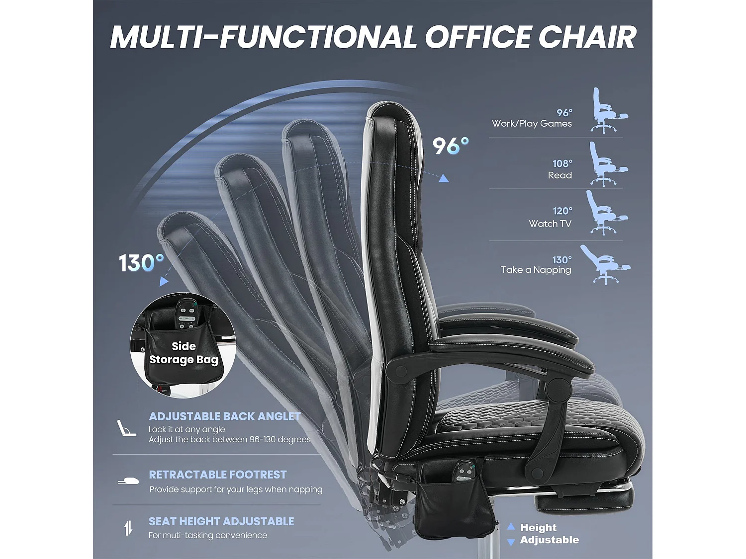 Chaise de bureau ergonomique – Massage 6 points, chauffage lombaire 3 niveaux, inclinaison réglable, repose-pieds – Noir