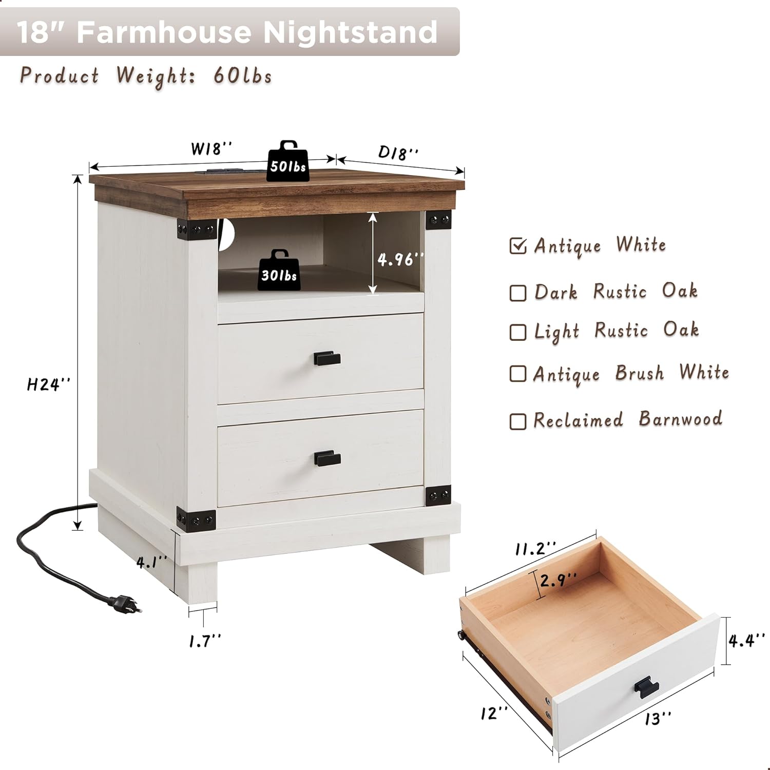 Farmhouse Nightstand Set of 2 with Charging Station, 18