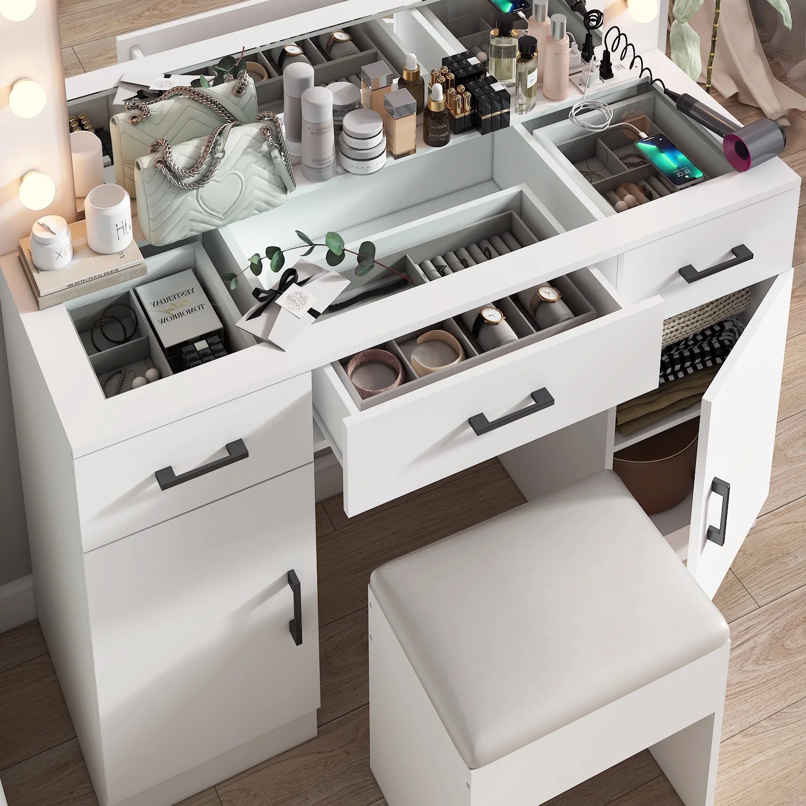 Ktaxon Large Makeup Vanity, Vanity Table Set w/ Visible Glass Top w/ Charging Station, White - Image 87