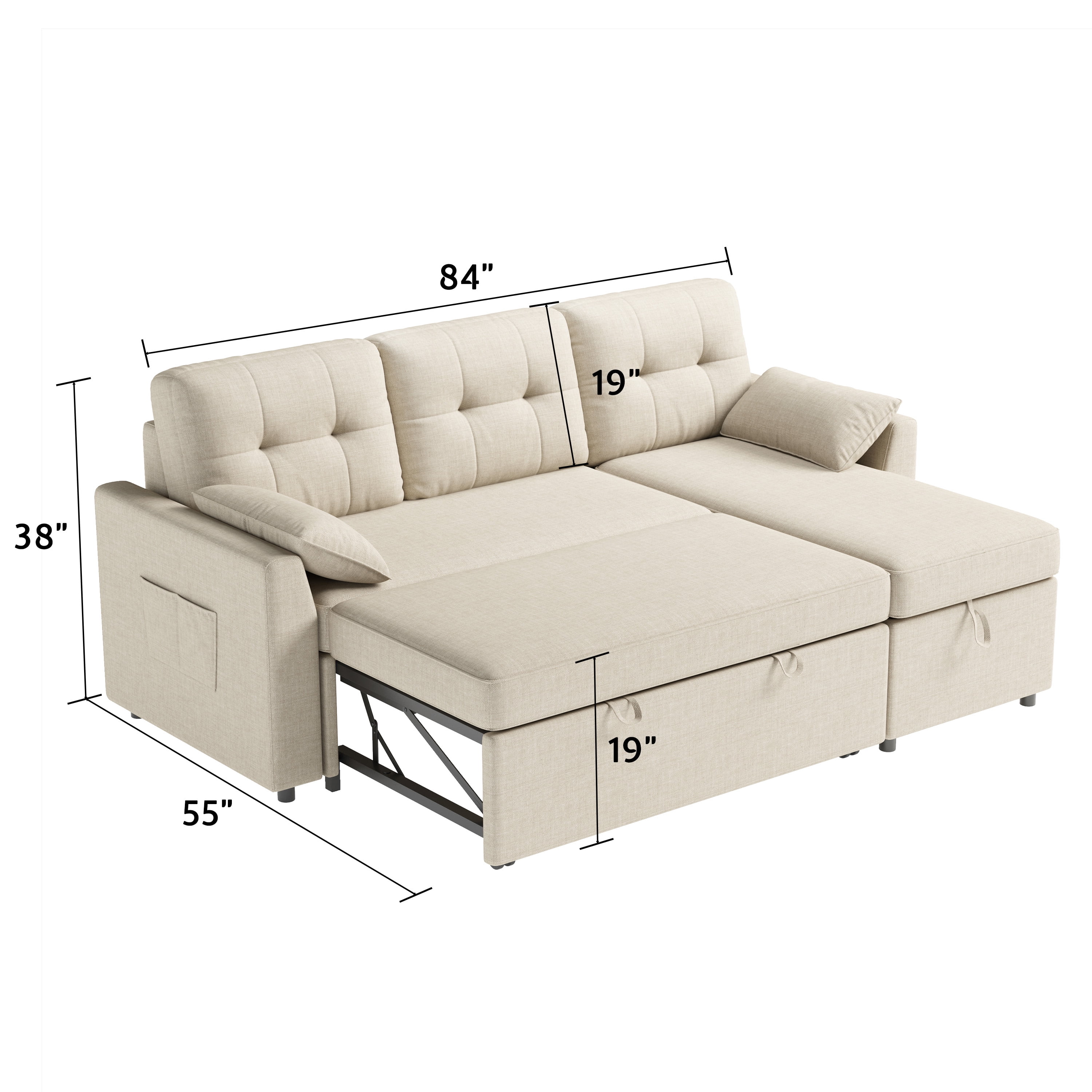 VANACC Sectional Sofa Bed with Storage and Soft Seat ,Reversible Pull Out Couch for Living Room,Beige