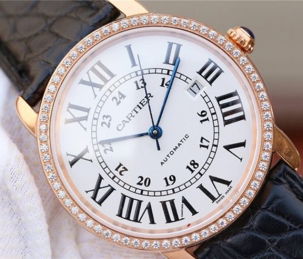 Replica Cartier Ronde De Cartier RG White Dial Diamonds Bezel Croco Strap A2892 - Top club