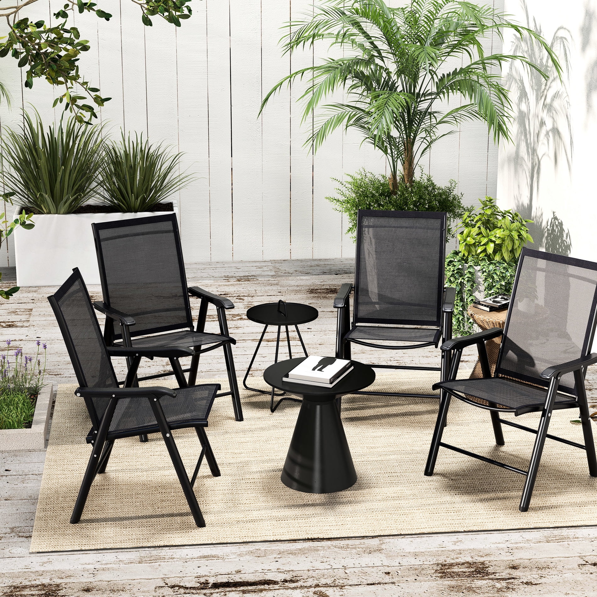 4 Patio Folding , Stackable Outdoor Sling Chairs With For Lawn, Camping, Dining, Beach. Metal Frame, No Assembly, Black. 22.87