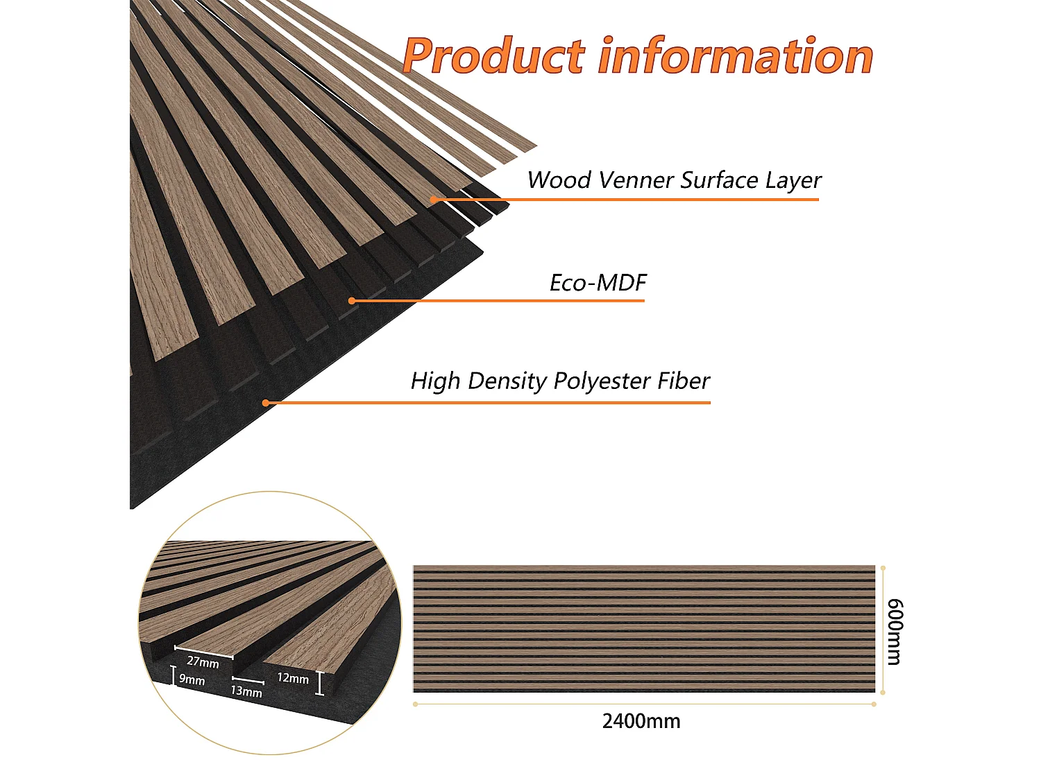 Lot de 3 Panneaux Muraux Décoratifs Acoustiques Bois MDF 240x60cm Noyer  AntiBruit, Facile à Poser