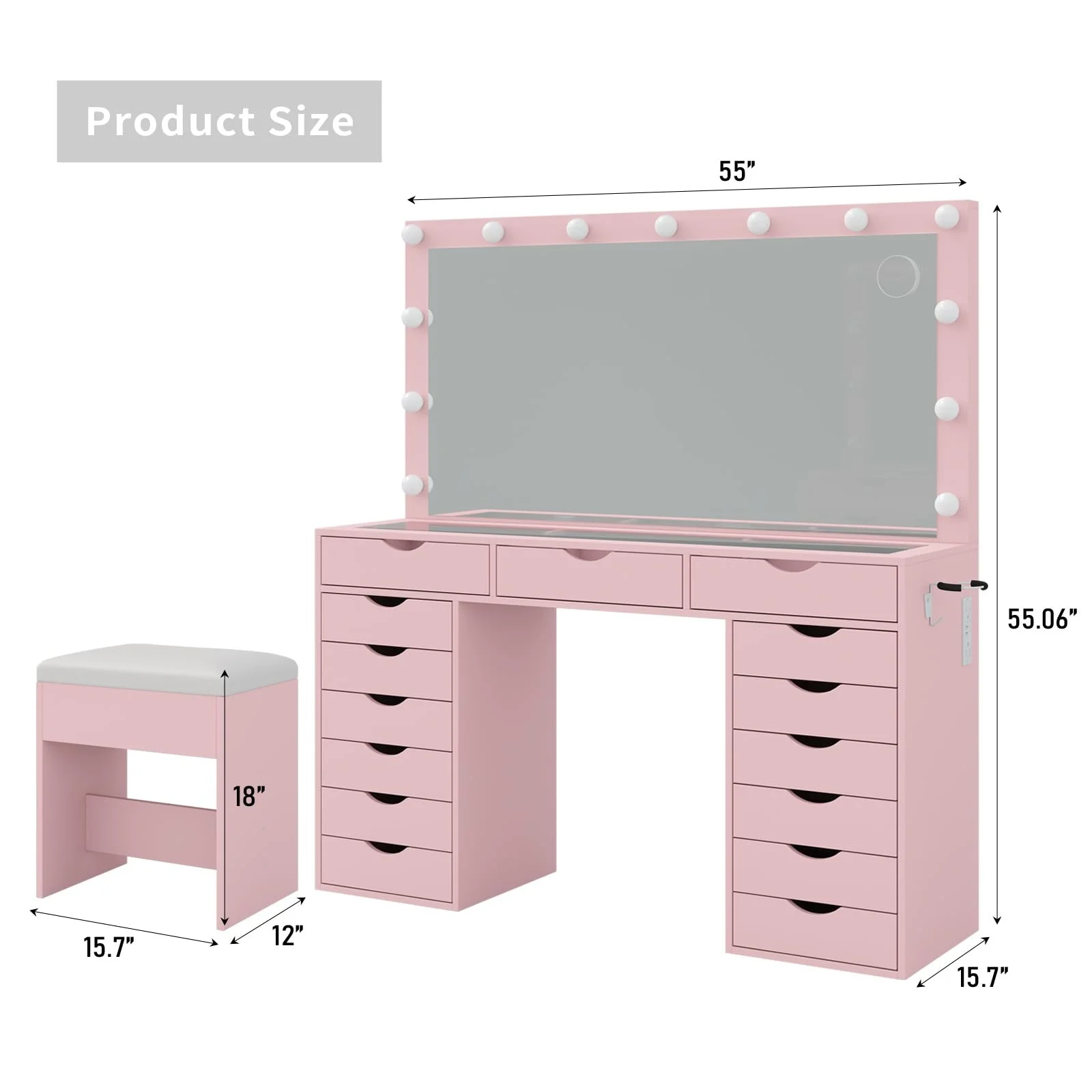 Yanosaku 15 Drawers Vanity Desk with Power Outlet, Makeup Table with Mirror and 13 LED Lights, 3 Color Lighting Modes, Brightness Adjustable, Glass Top Dressing Table, Vanity Set for Bedroom - Image 17