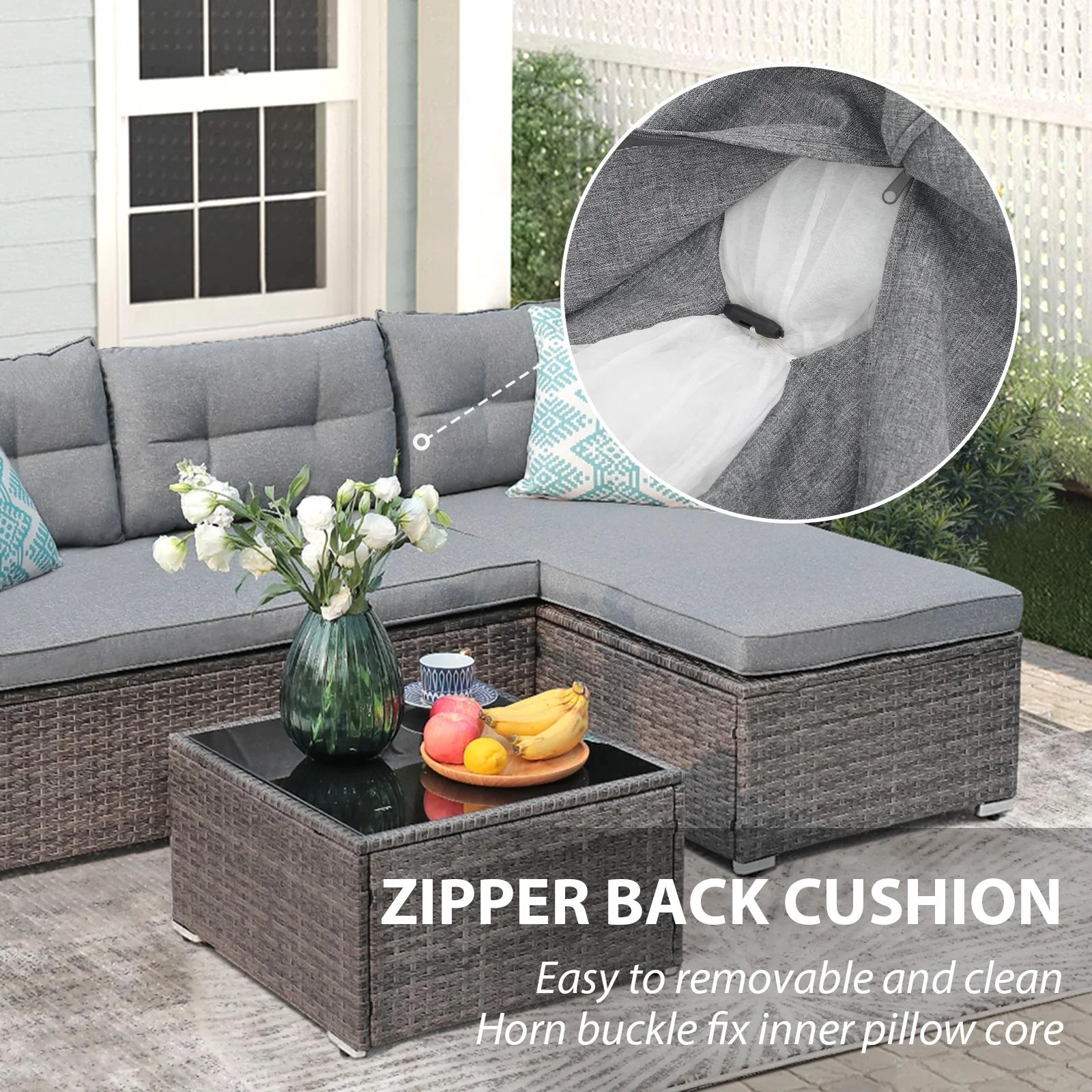 JOIVI 3 Pieces Patio Conversation Set, PE Wicker Rattan Outdoor Furniture Set, 2 Ways Small Sectional Sofa, Tempered Glass Coffee Table, Silver-Gray - Image 12