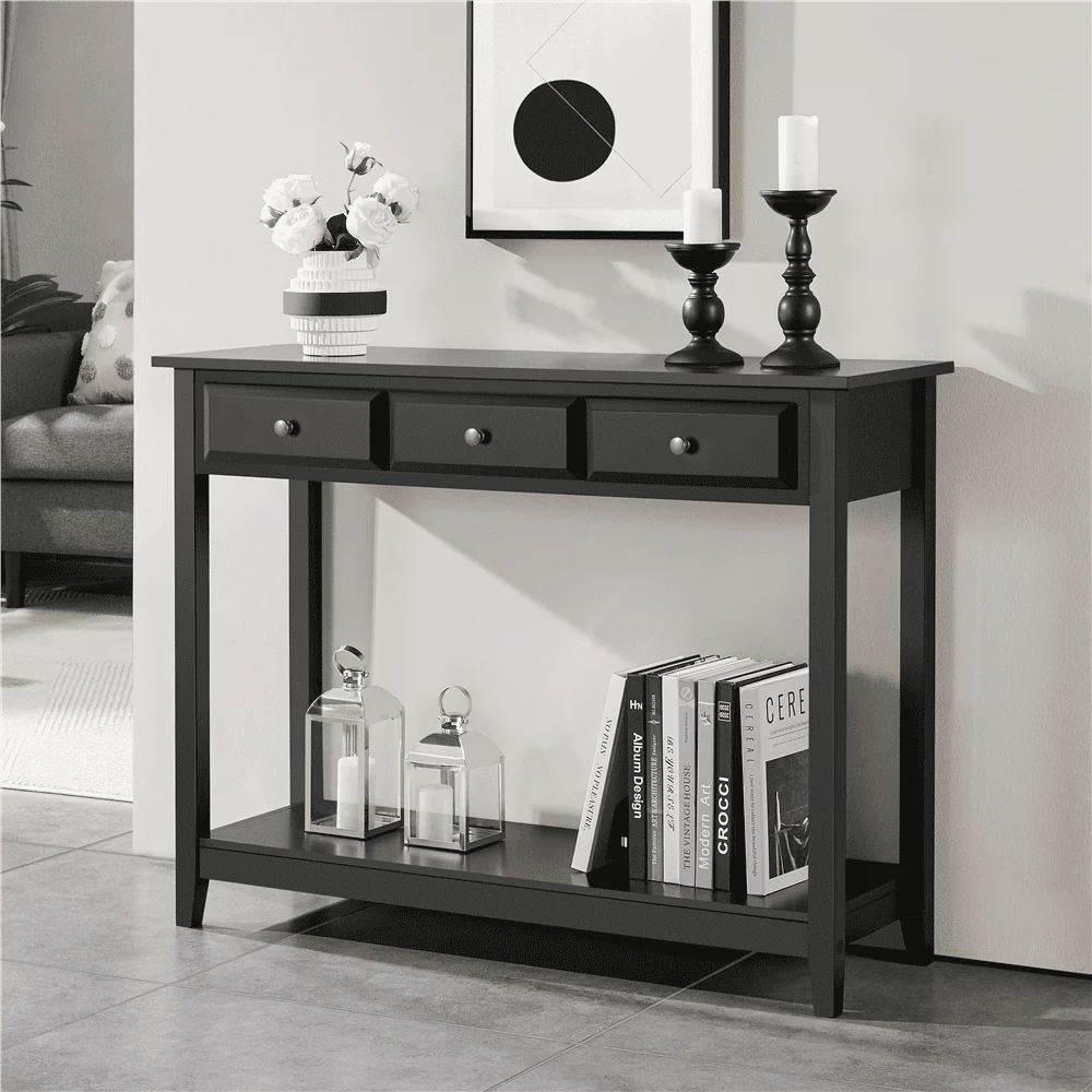 Topeakmart 3-Drawer Wooden Console Table Entryway Table with Storage Shelf Pine Wood Legs, Black - Image 3