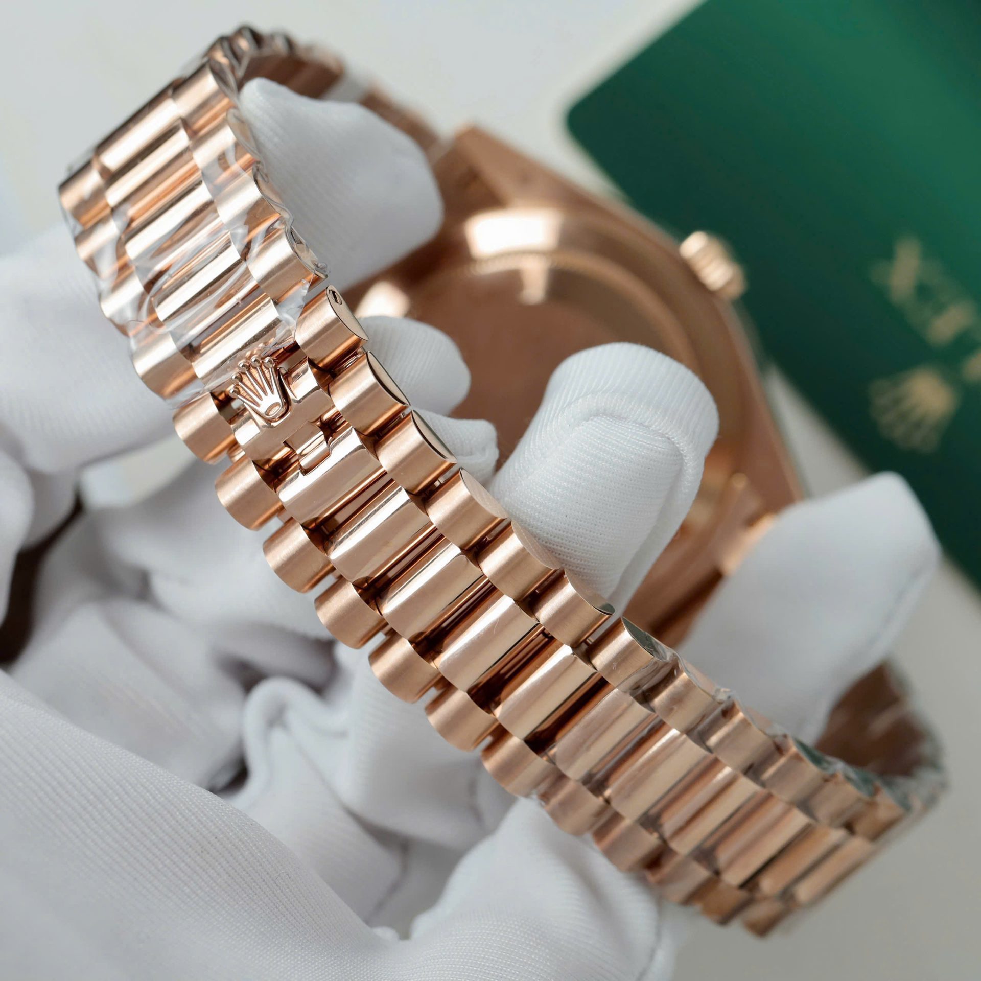 Rolex Day-Date Geen Dial Copies Watches Gold Wrapped + Diamonds Moissanite Baguette 40mm - Elite Watch Atelier