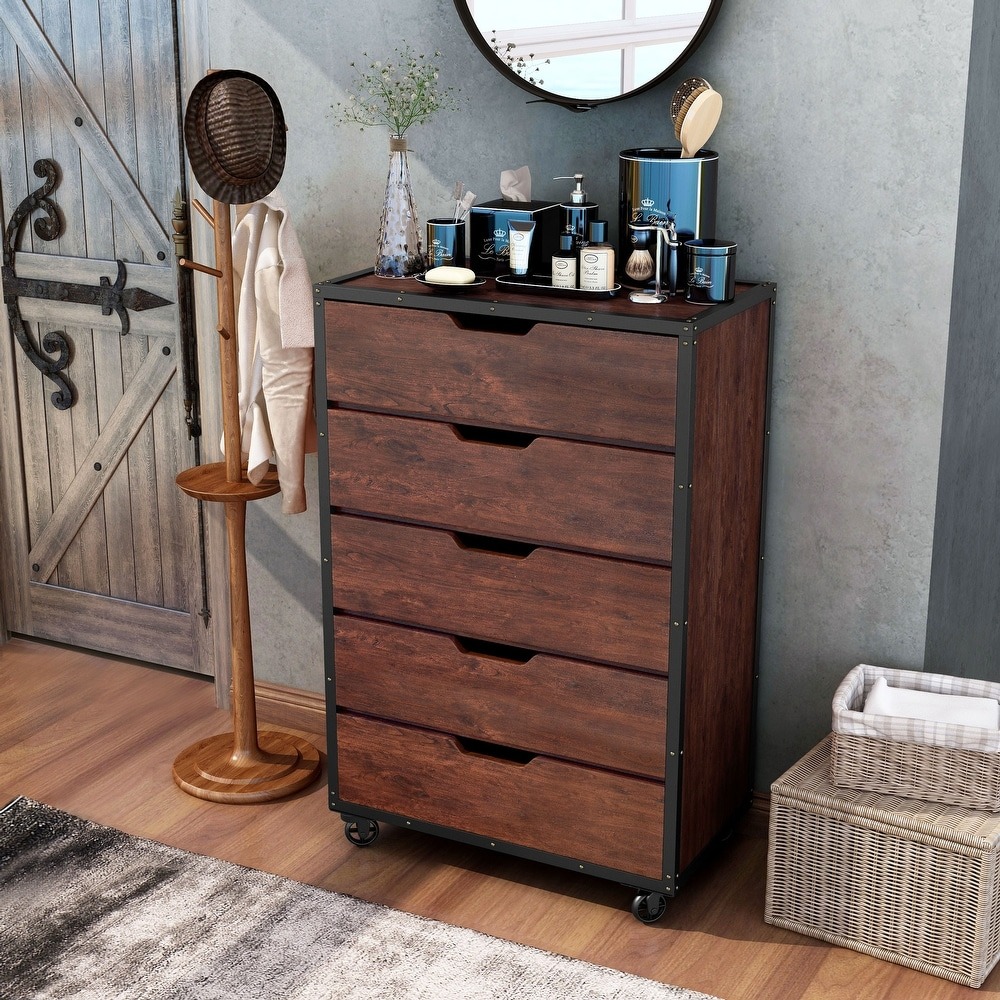 Aurville Vintage Walnut 5-Drawer Mobile Chest by Furniture of America