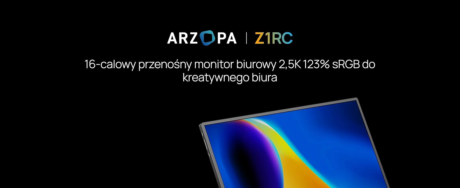Tekst brzmi „ARZOPA ZIBC”, po którym następuje specyfikacja techniczna. Pokazuje krawędź tego, co wydaje się być urządzeniem wyświetlającym w kolorach niebieskim i żółtym.