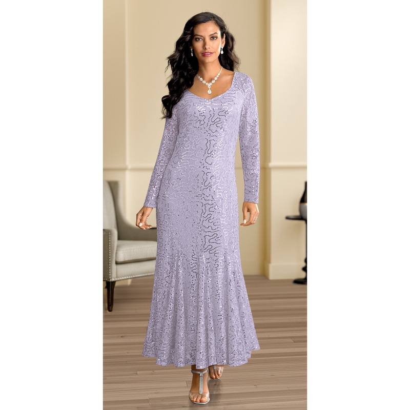 Sylvie Sequin Lace Gown with Long Sleeves - MIDNIGHT VELVET CATALOG
