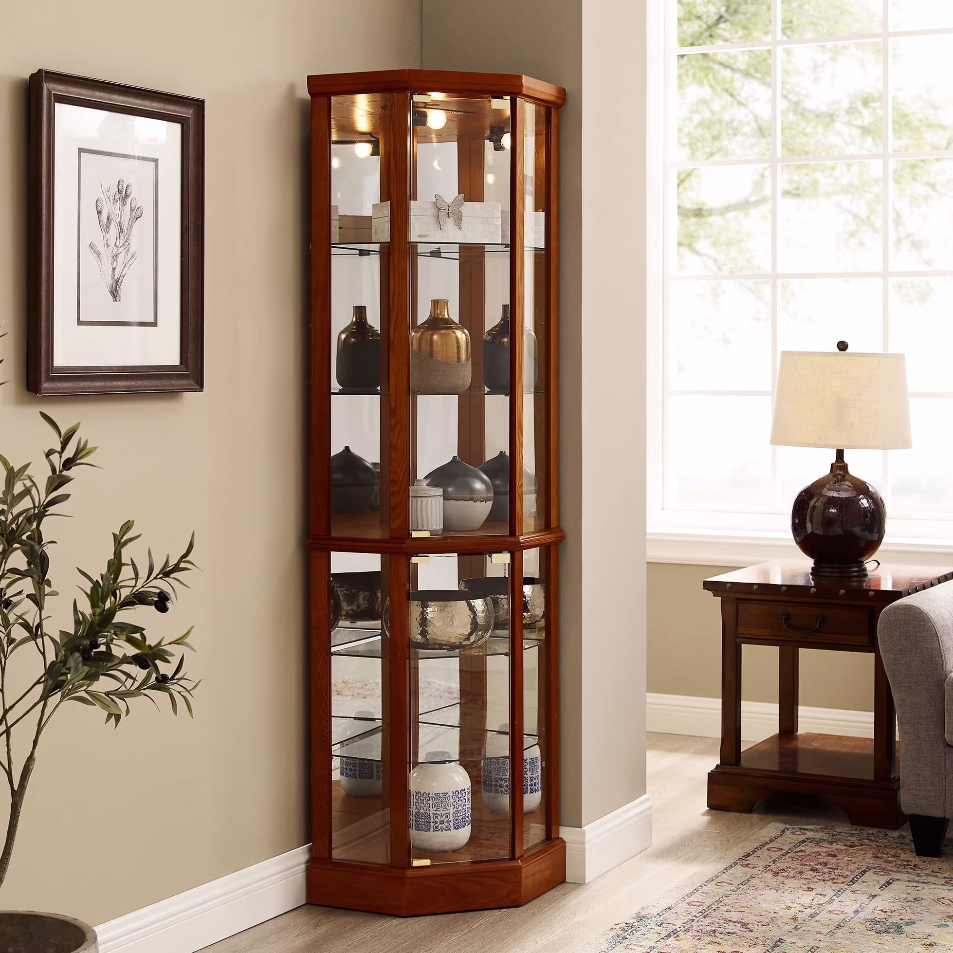 Walnut Cabinet With 6 Shelves, Adjustable Glass & Mirrored Back Design Shelf Lighted Corner Curio Shelves In - Image 5