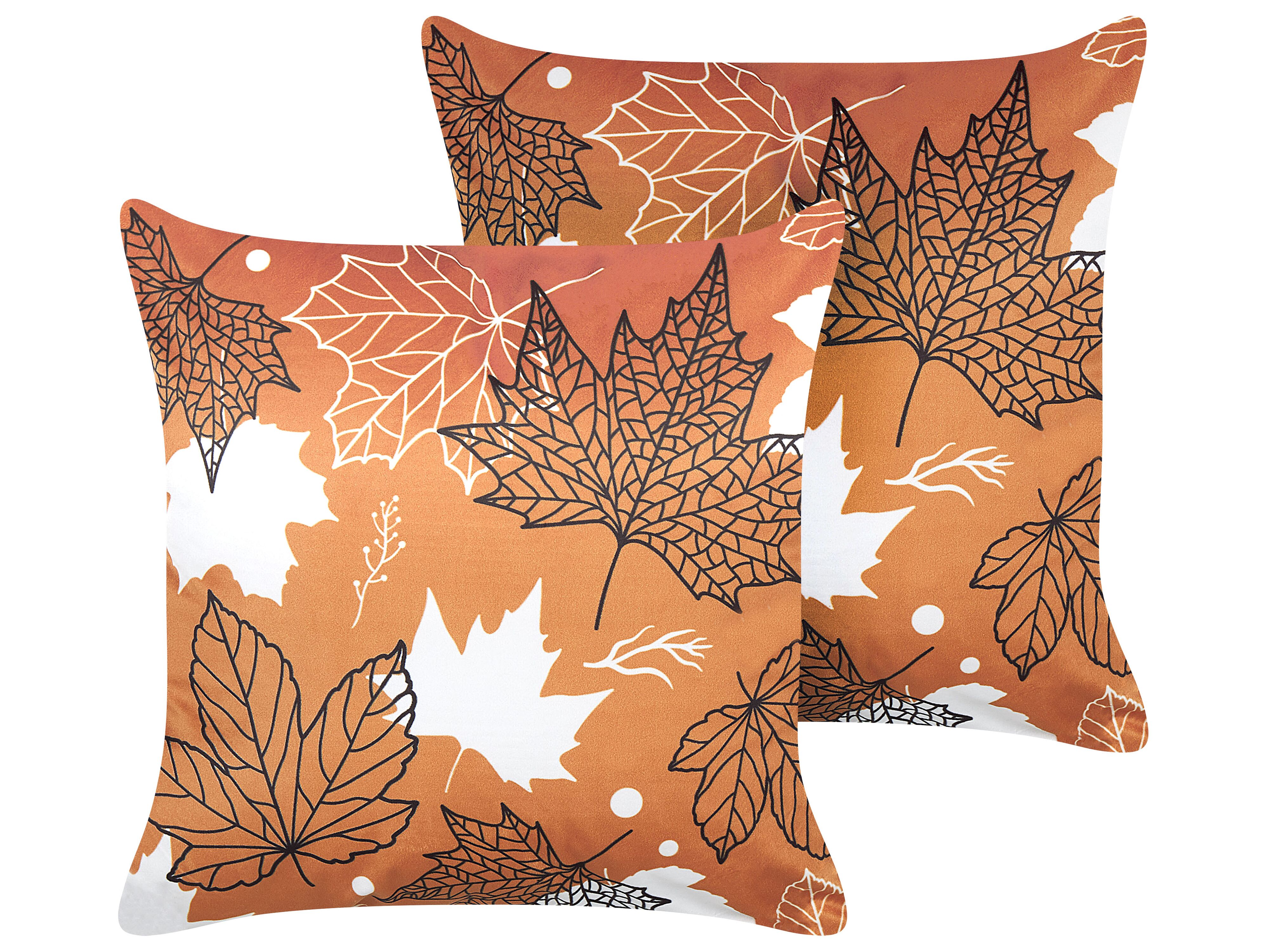 Set of 2 Decorative Cushions POINSETTIA Velvet 45 x 45 cm Orange Plant Pattern