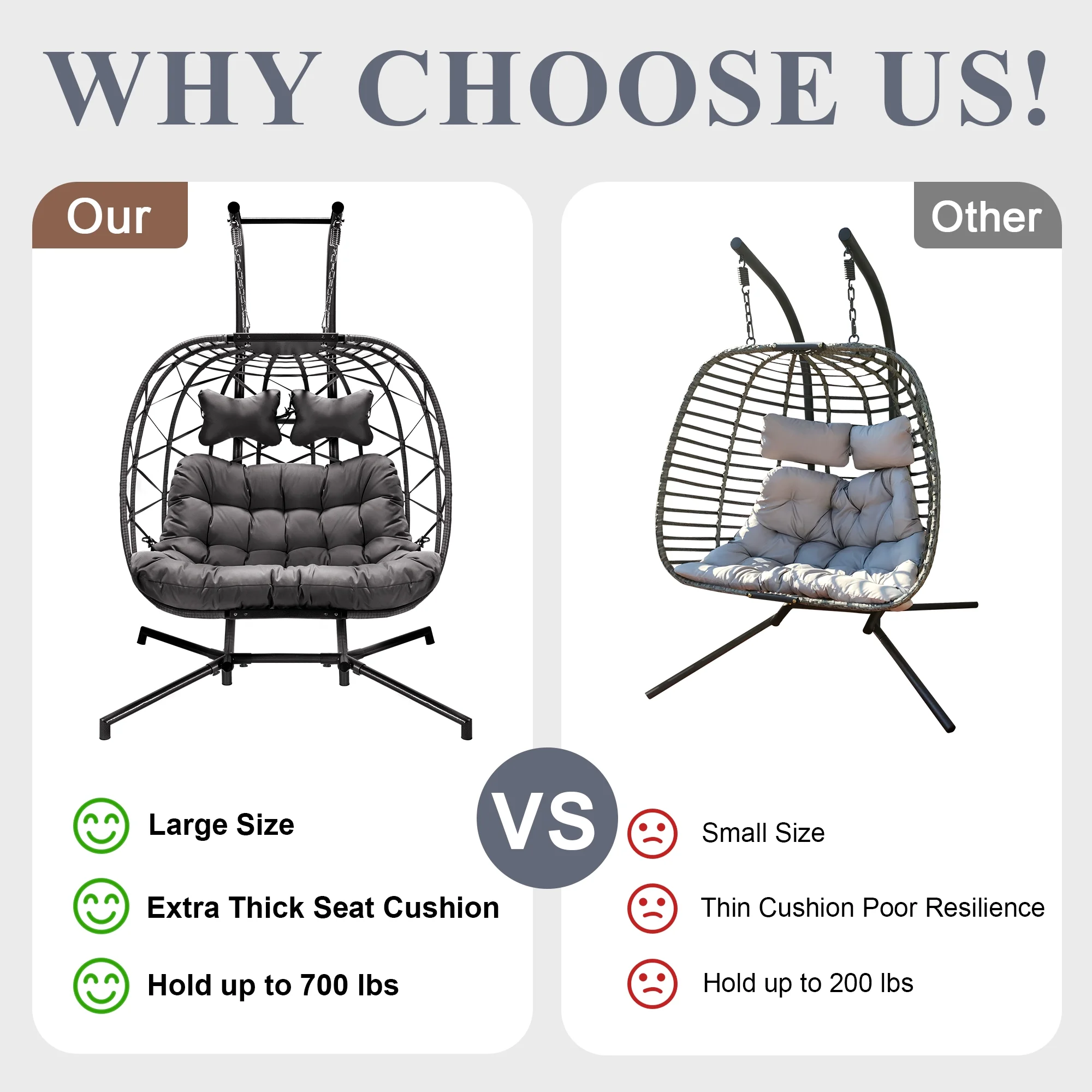 RADIATA Double Wicker Egg Swing Chair with Stand, 2-Person Hanging Egg Chair for Indoor/Outdoor, 700lbs Capacity, Thick Cushions & Headrest,Sturdy Metal Frame��Dark Gray - Image 11