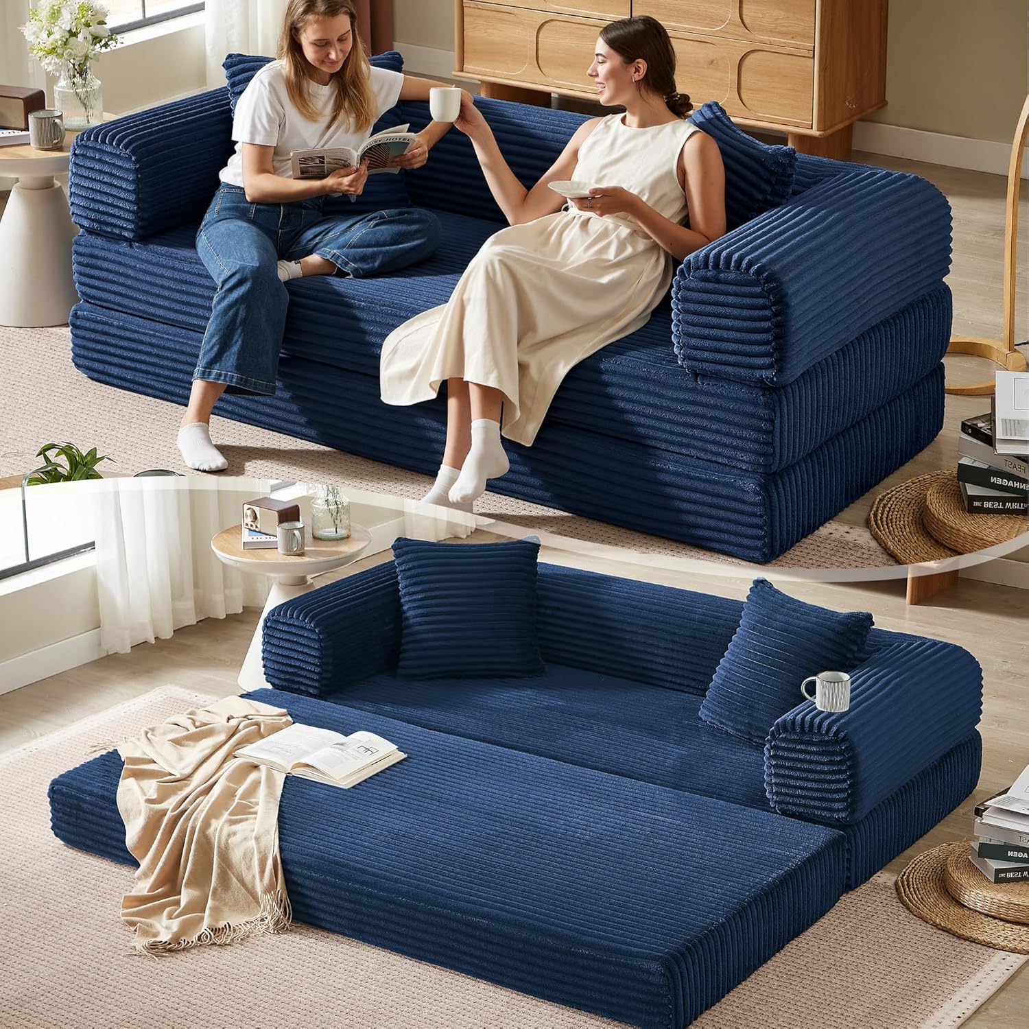 Boneless Couch Versatile Couches for Living Room No-Install Sofa Bed Corduroy Futon Soft Cloud Couch with Pillows for Bedroom Game Movie (Dark Blue, 76