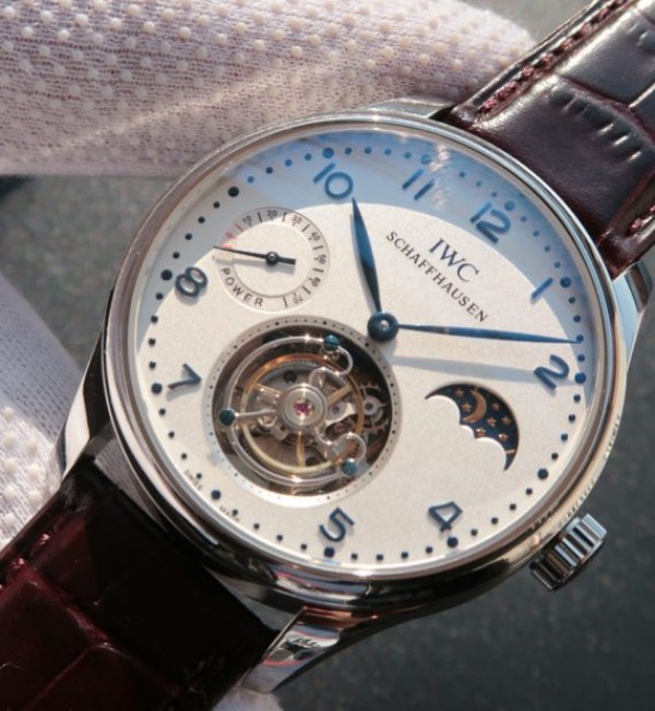 Replica IWC Portuguese Tourbillon Blue Markers Power Reserve Moonphase White Dial - Elite Watch Atelier