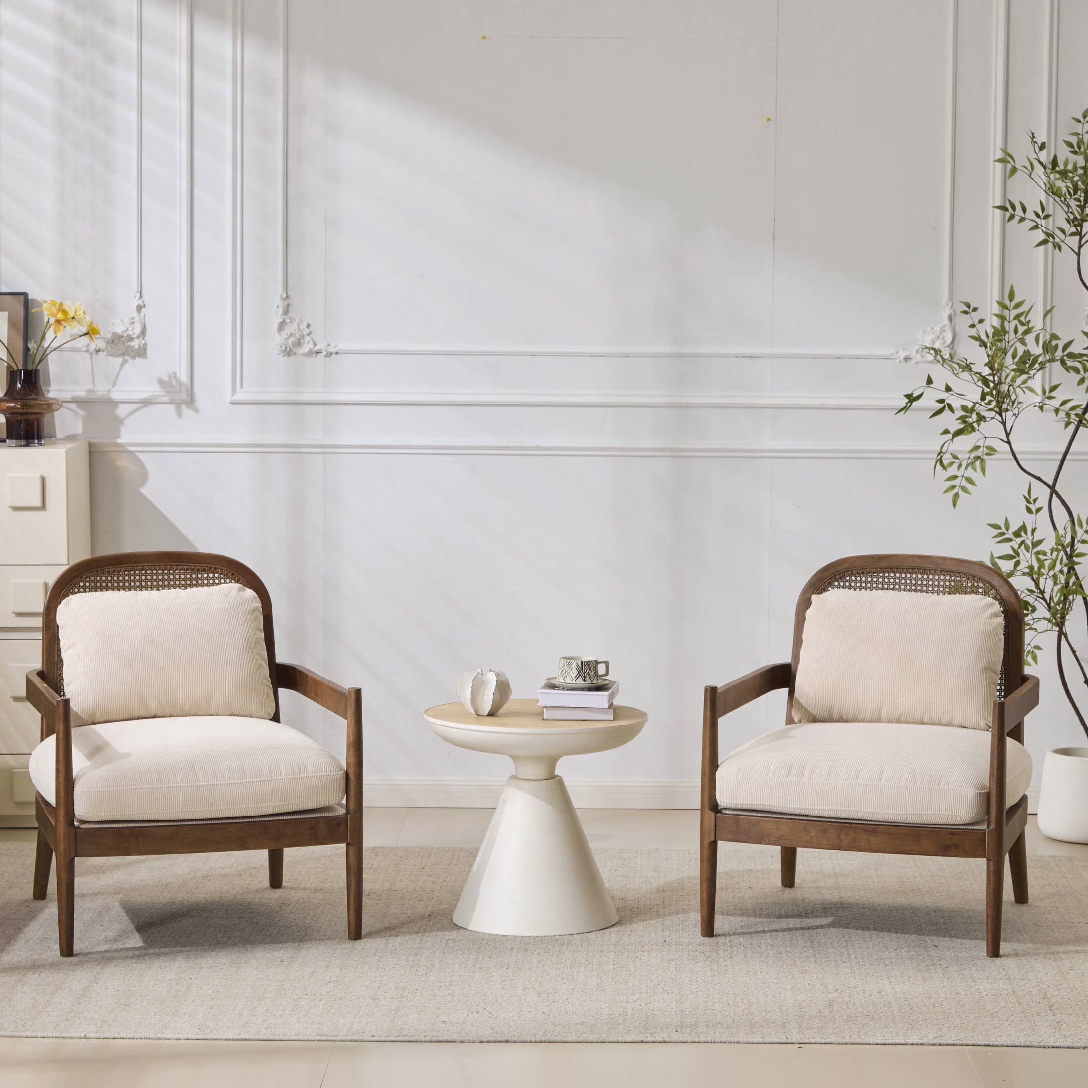 Christopher Knight Home Mid-Century Modern Accent Chairs, Wood Frame with Rattan Backrest, Grayish Green, Set of 2 - Image 5
