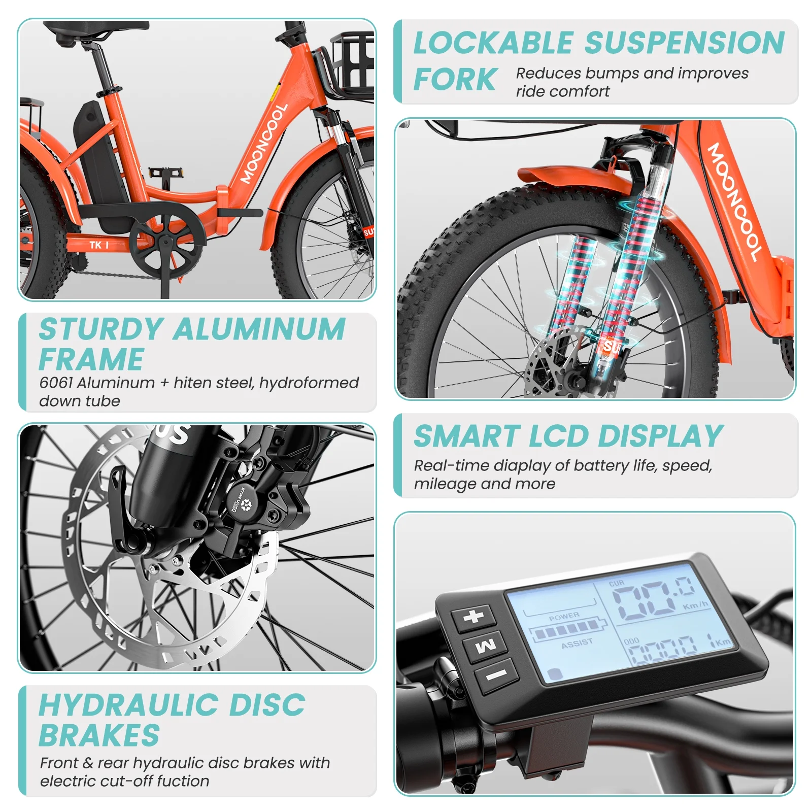 MOONCOOL TK1 Folding Electric Tricycle for Adults,48V 14.5Ah Removable battery, 500W(Peak 1000w)Motor, 20" Fat Tire Step-Thru 3Wheel Electric Bicycle w/Front&Rear Baskets, Certified to UL 2849 by SGS - Image 16