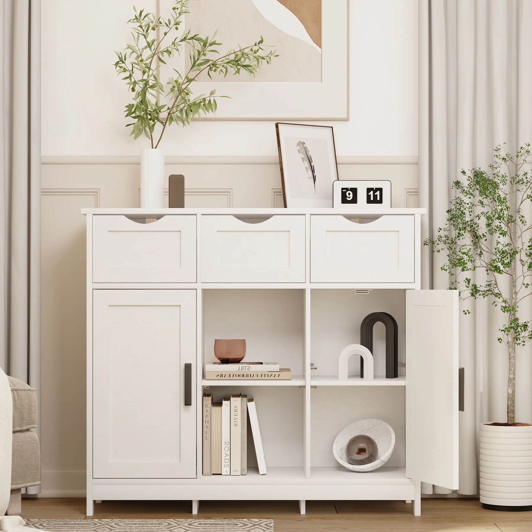 PORKISS White Floor Storage Cabinet, Wood Accent Cabinet with Drawers and Adjustable Shelves Storage, Modern Pantry Cabinet for Kitchen, Bathroom, Living Room
