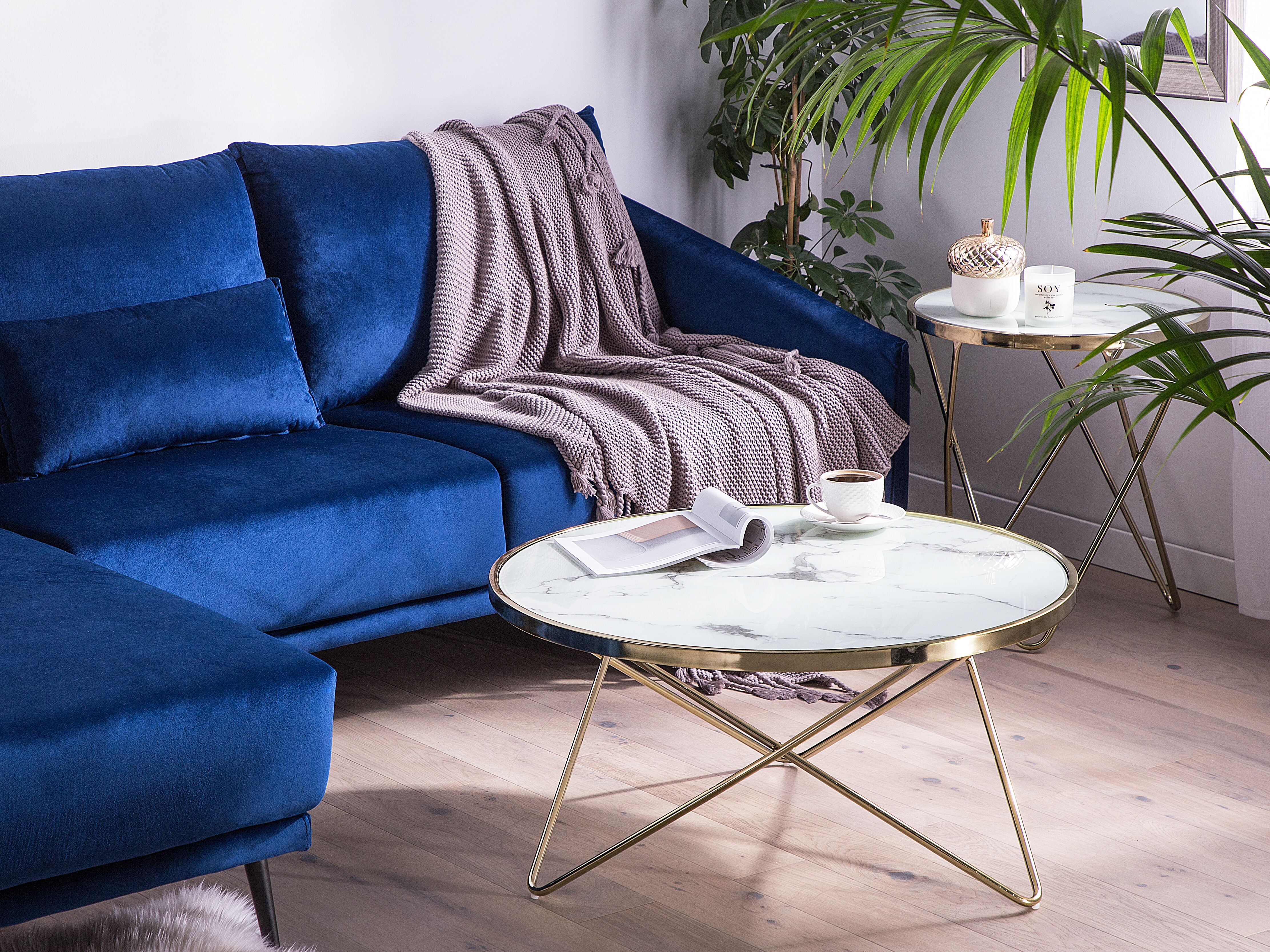 Coffee Table MERIDIAN Tempered Glass Marble/ Gold