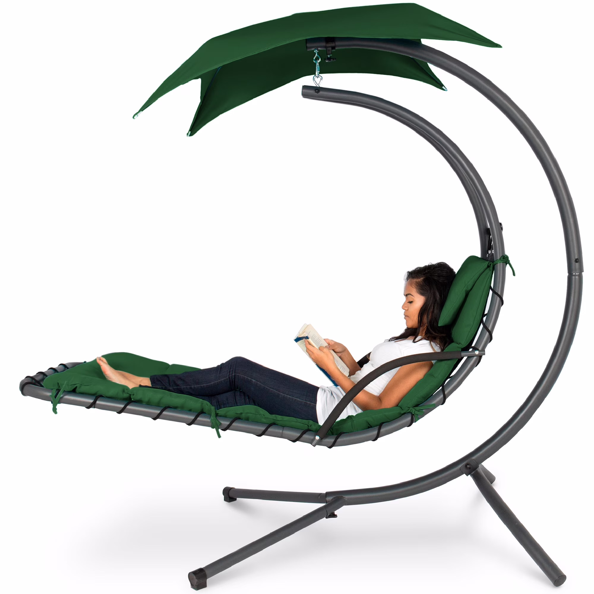 Best Choice Products Hanging Curved Chaise Lounge Chair Swing for Backyard, Patio w/ Pillow, Shade, Stand - Teal - Image 26
