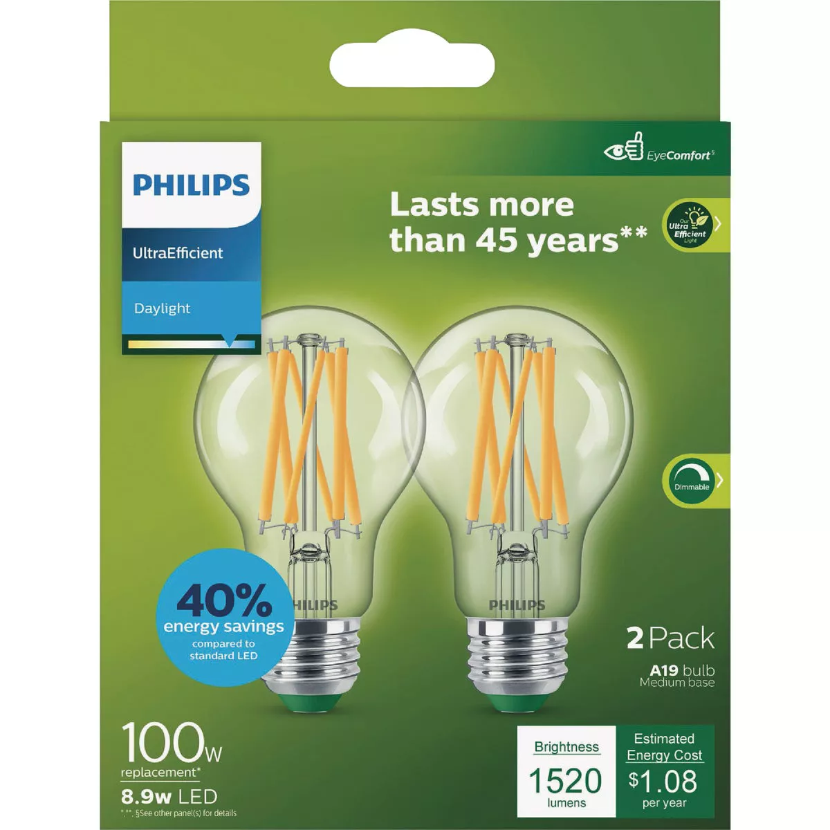 Philips Ultra Efficient 100W Equivalent Daylight Clear A19 LED Bulb (2-Pack)