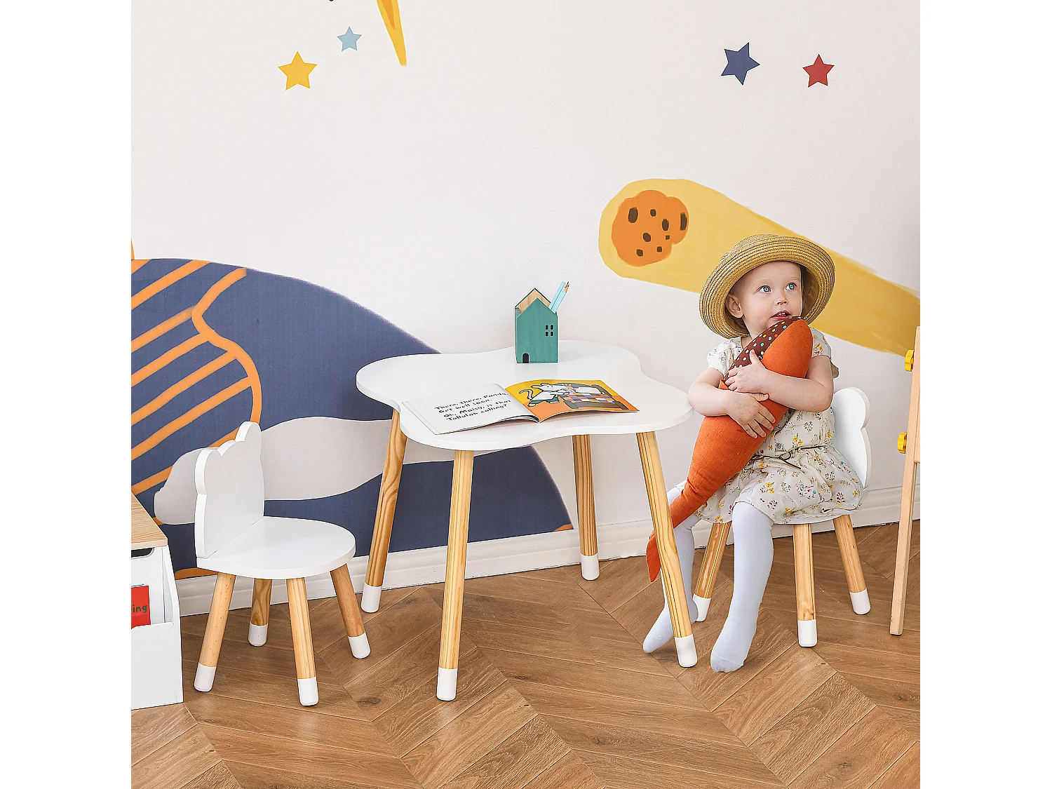 Ensemble table et chaises enfant design scandinave motif ourson bois pin MDF blanc