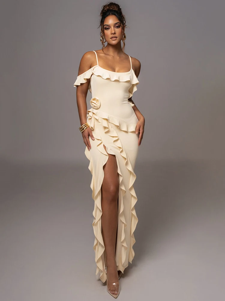 Elegant Ruffle Sexy Maxi Dress Women Spaghetti Strap Flower Sleeveless Backless High Split Club Party Evening Dress - AZJHJ