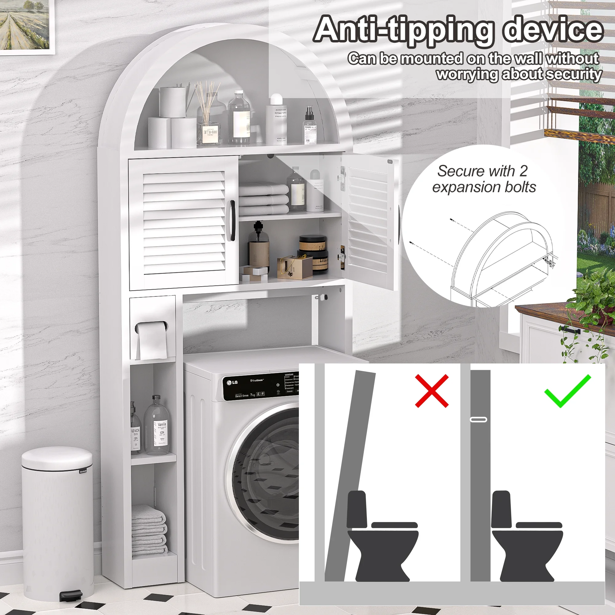 HARIPUL Over The Toilet Storage Cabinet w/ Unique Wood Grain & Arc Design, Freestanding Bathroom Shelf Organizer Space Saver w/ Doors & Anti-Tip Device, Wood Color - Image 67
