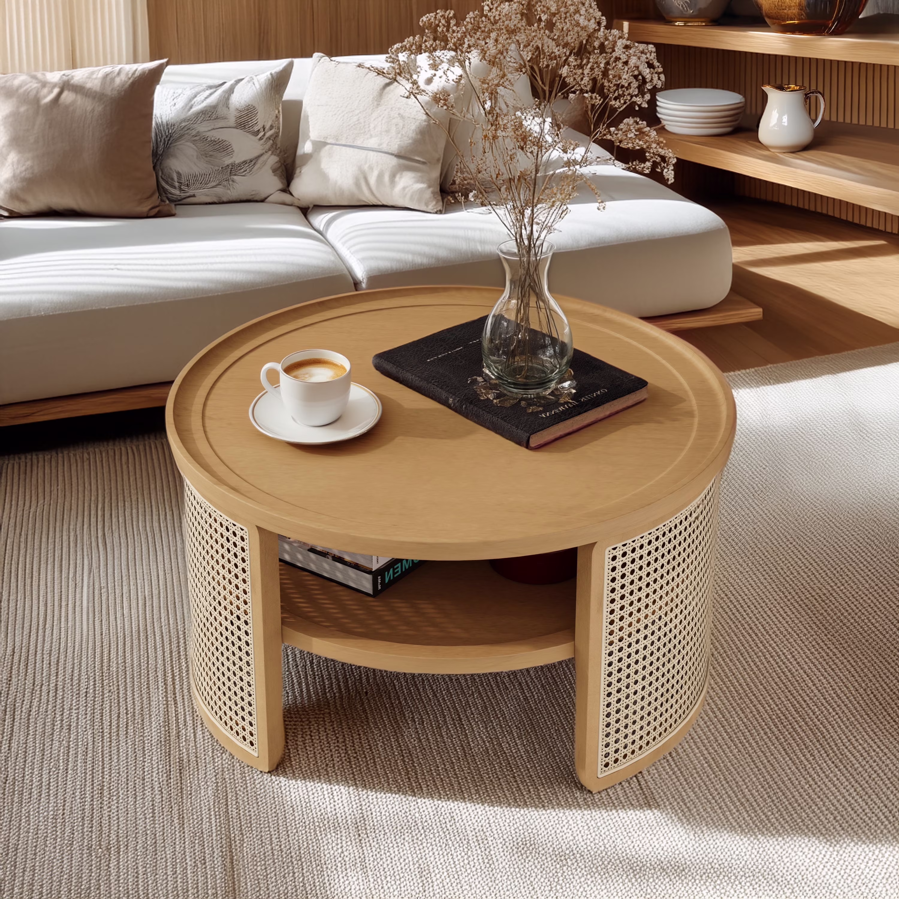 Harper & Bright Designs Rattan Round Coffee Table with Storage Shelf, Round Cane Wood Center Table for Living Room, 37'' Brown - Image 7