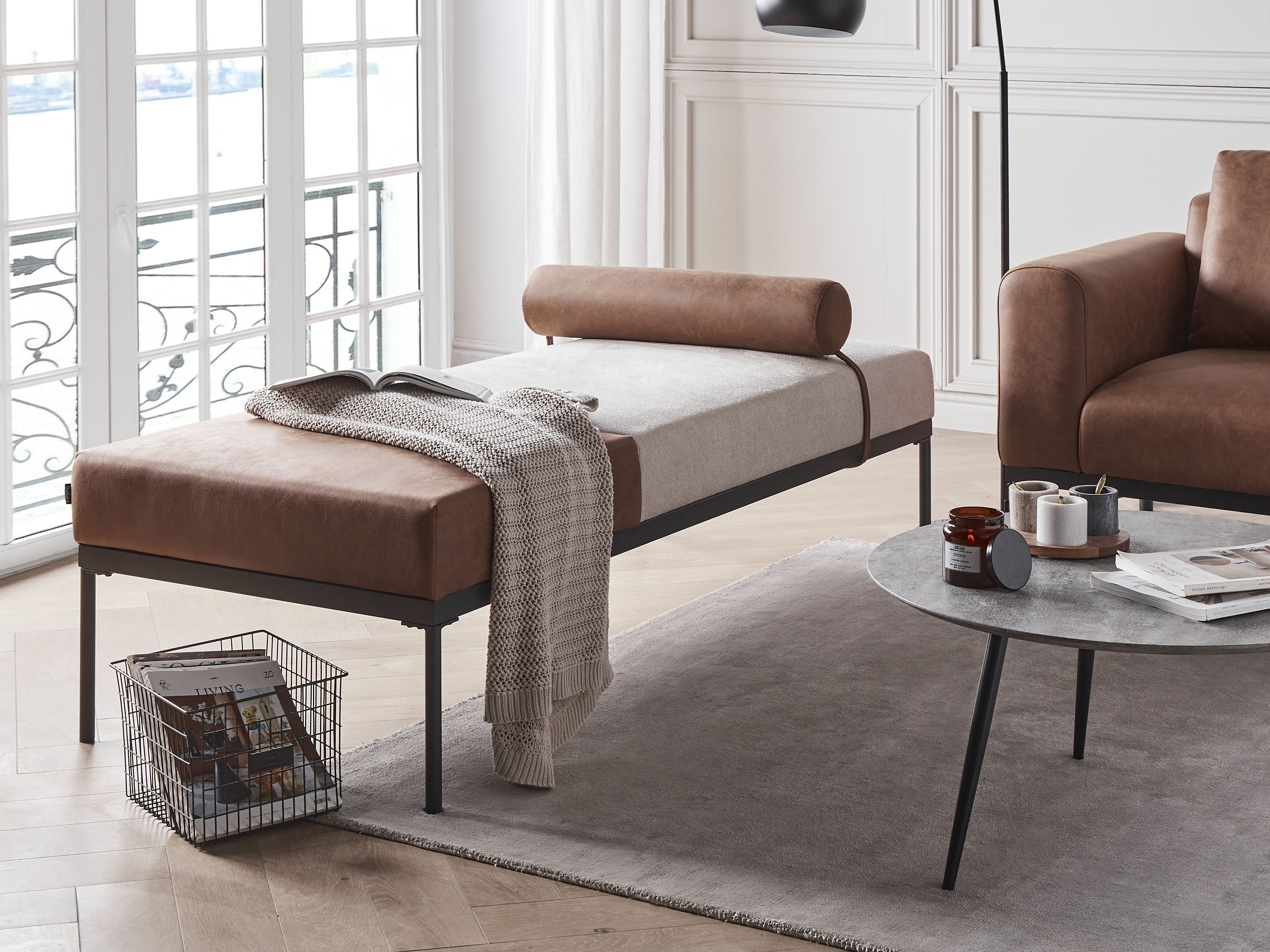 Chaise Longue MALMOS Faux Linen Faux Leather Brown