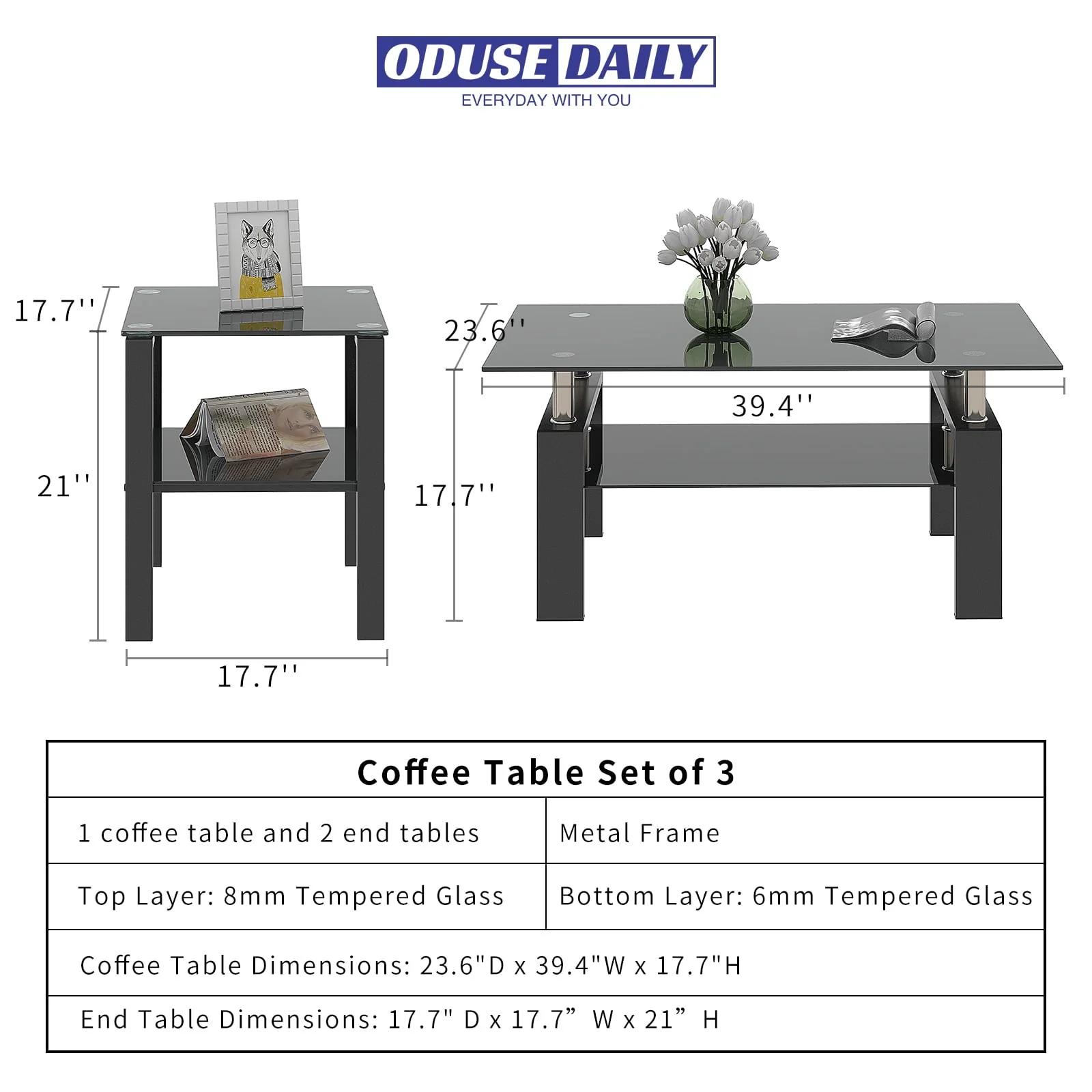 Black Glass Coffee Table Set of 3 Piece, Living Room Table Set of 3, Black Coffee Table and End Coffee Table Sets, Metal Frame (All Black A, Set of 3) - Image 8