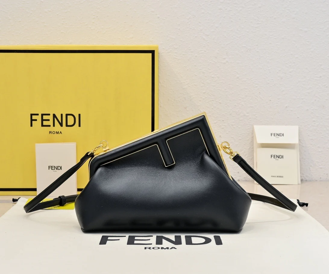 Elegant Fendi First Clutch Bag With Gold - Trimmed Frame And Cross - Body Strap 269 - Replicaclubs